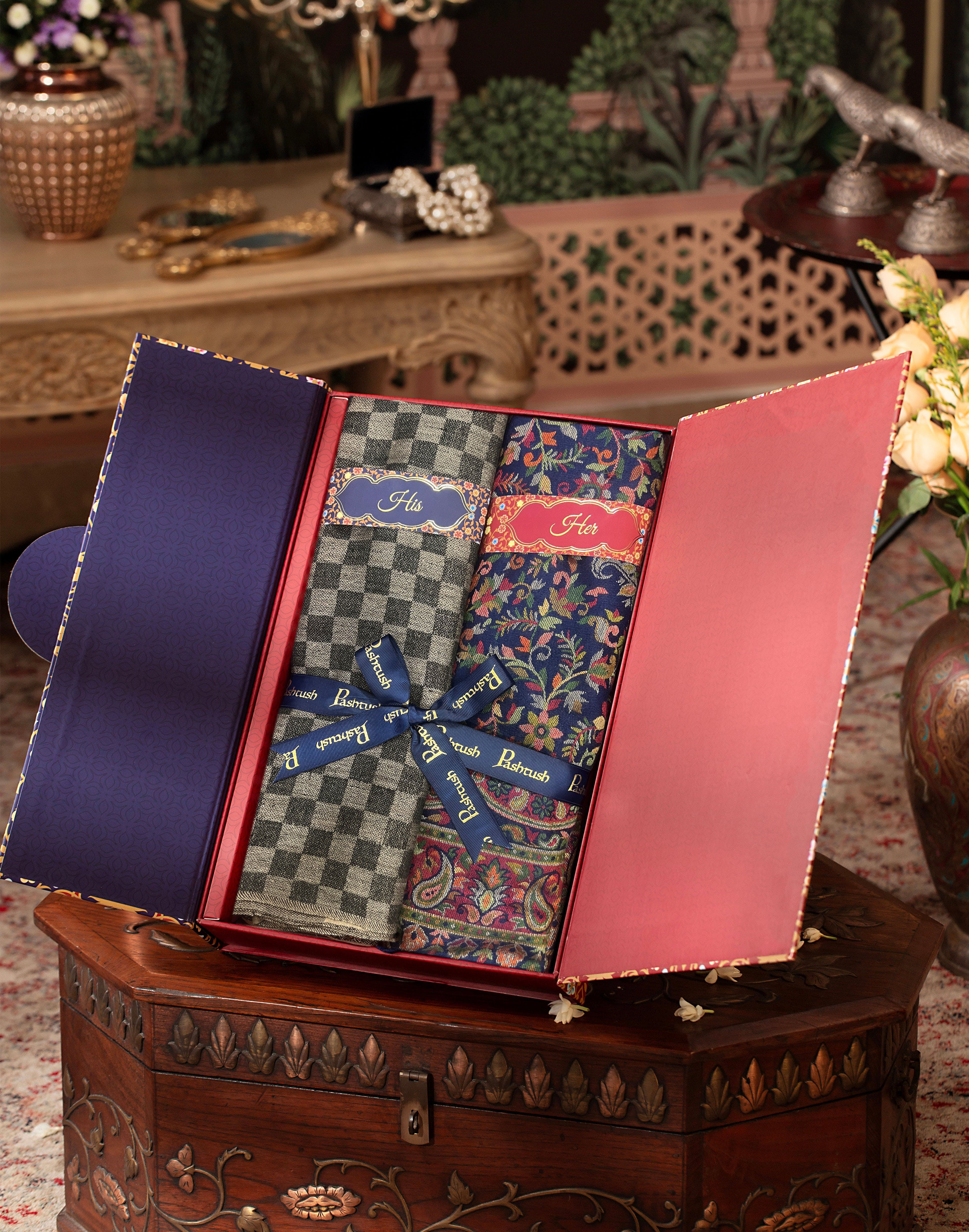 Pashtush His And Her Set Of Mens Checkerd Stole and Womens Faux Pashmina Shawl, Premium Gift Box Packaging, Black and Multicolour - Image 3