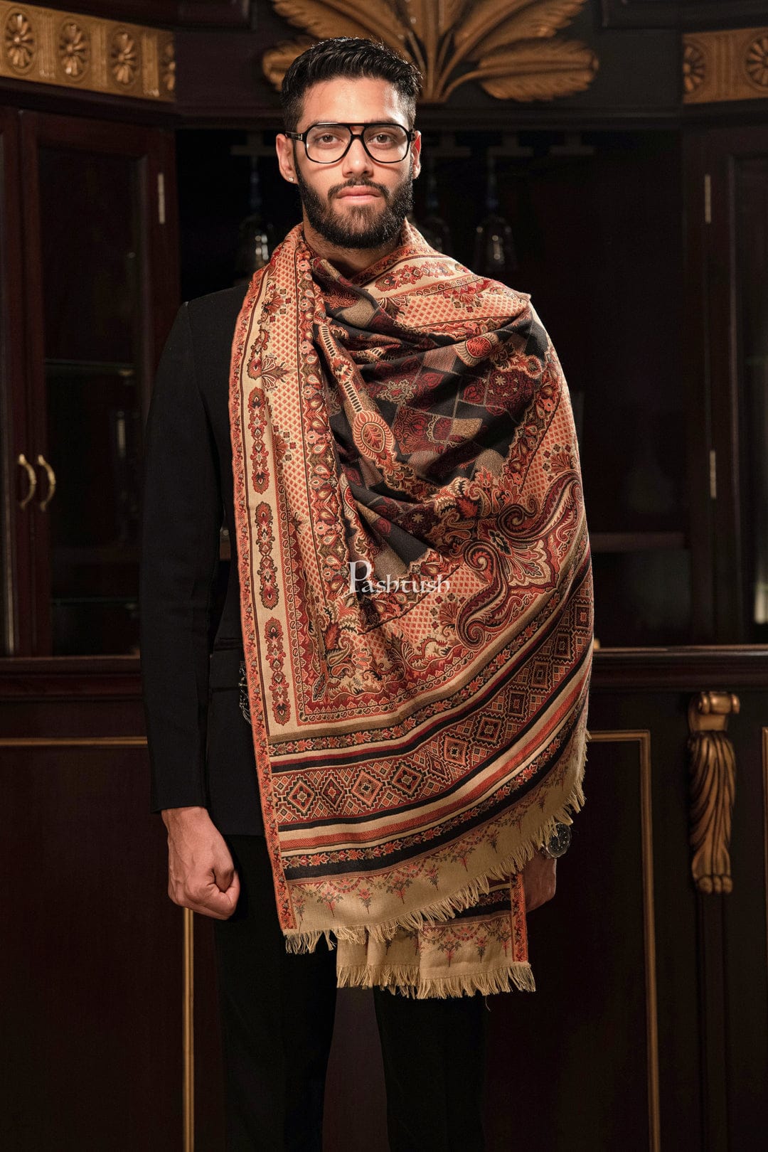 Pashtush His And Her Set Of Mens Faux Pashmina Stole and Womens Aari Embroidery Stole, Premium Gift Box Packaging, Multicolour and Black - Image 4