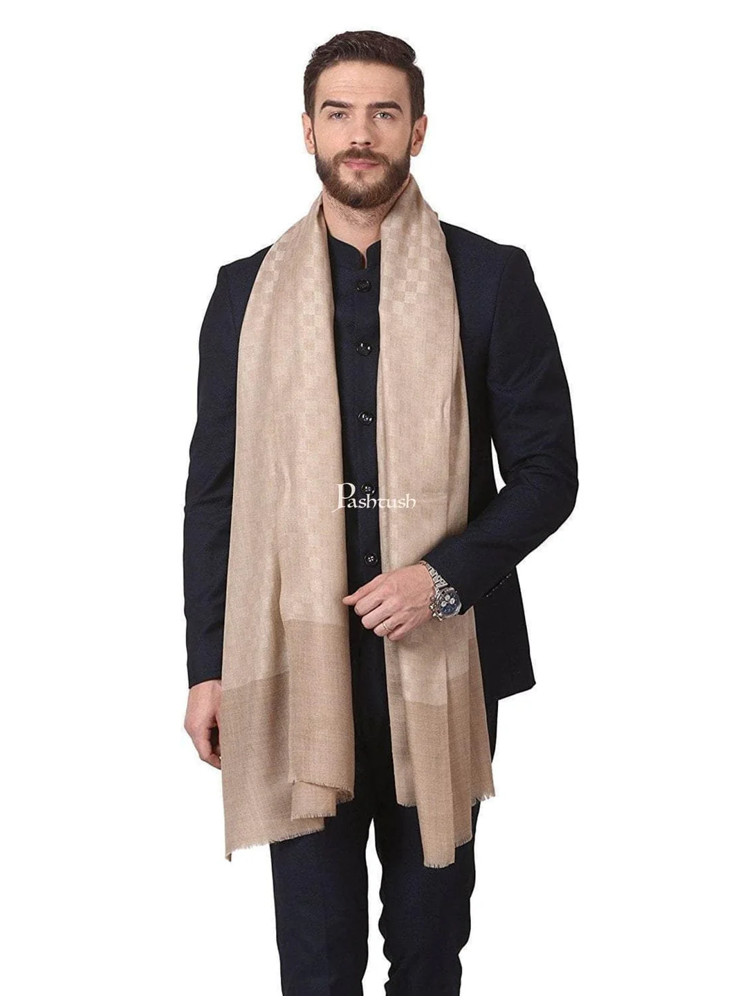 Pashtush His And Her Set Of Mens Fine Stole and Womens Shawl, Premium Gift Box Packaging, Beige and Ivory - Image 3