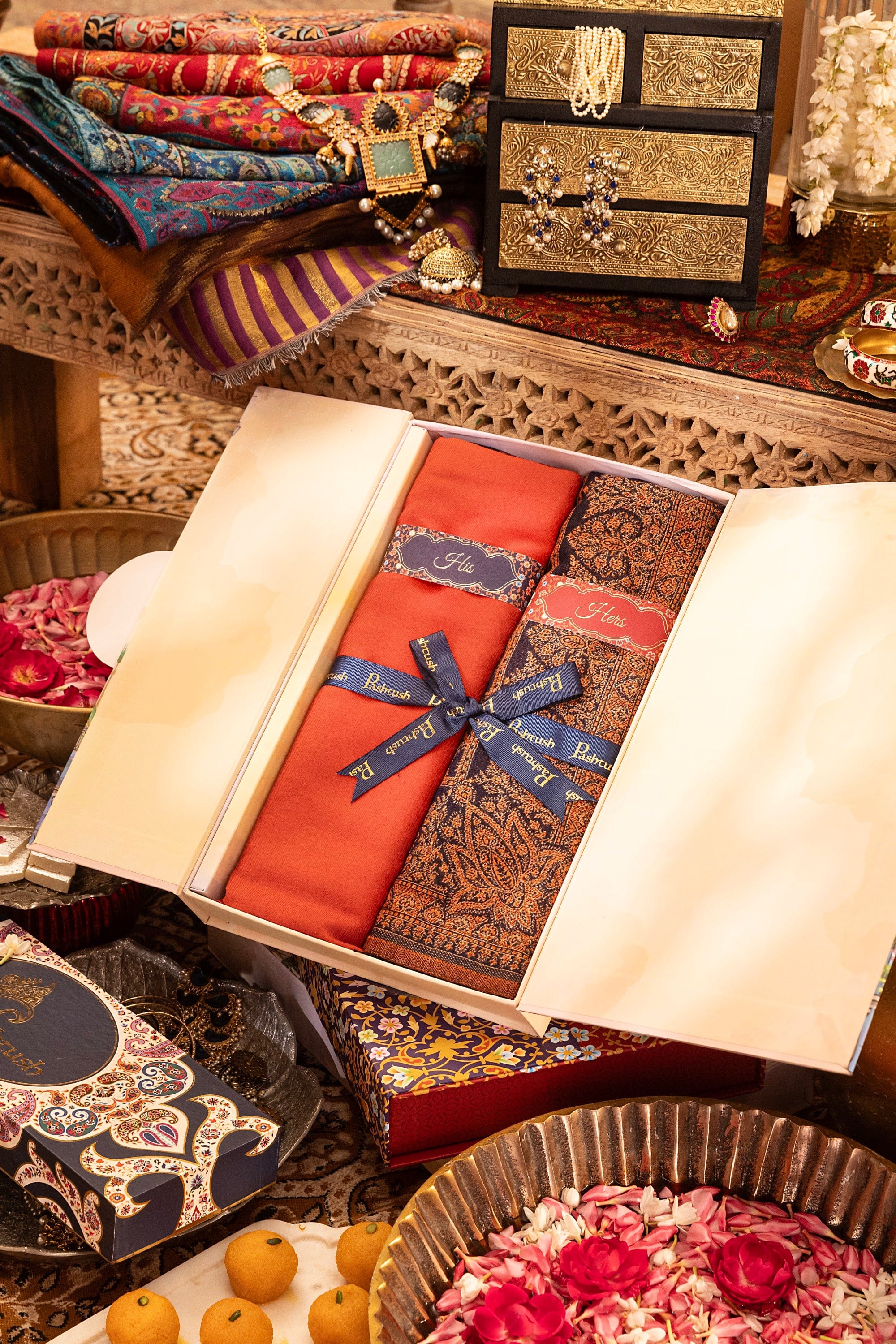 Pashtush His And Her Set Of Mens Extra Fine Wool Stole and Womens Faux Pashmina Shawl, Premium Gift Box Packaging, Orange and Navy Blue - Image 3