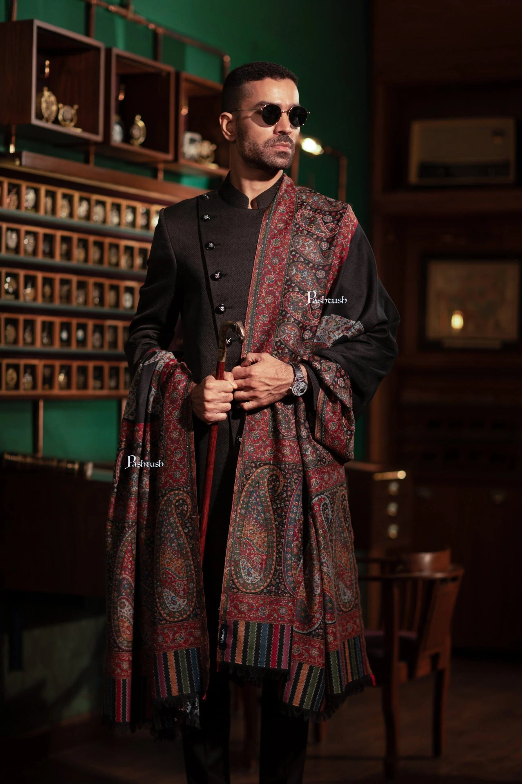 Pashtush His And Her Set Of Mens Fine Wool Shawl and Womens Bamboo Stole, Premium Gift Box Packaging, Black and Multicolour - Image 9