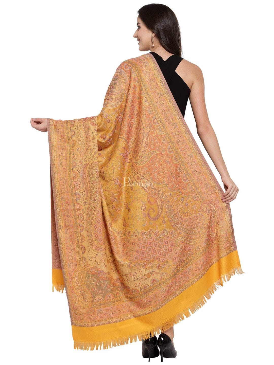 Pashtush His And Her Set Of Mens Fine Wool Shawl and Womens Jamawar Shawl, Premium Gift Box Packaging, Taupe and Mustard - Image 12