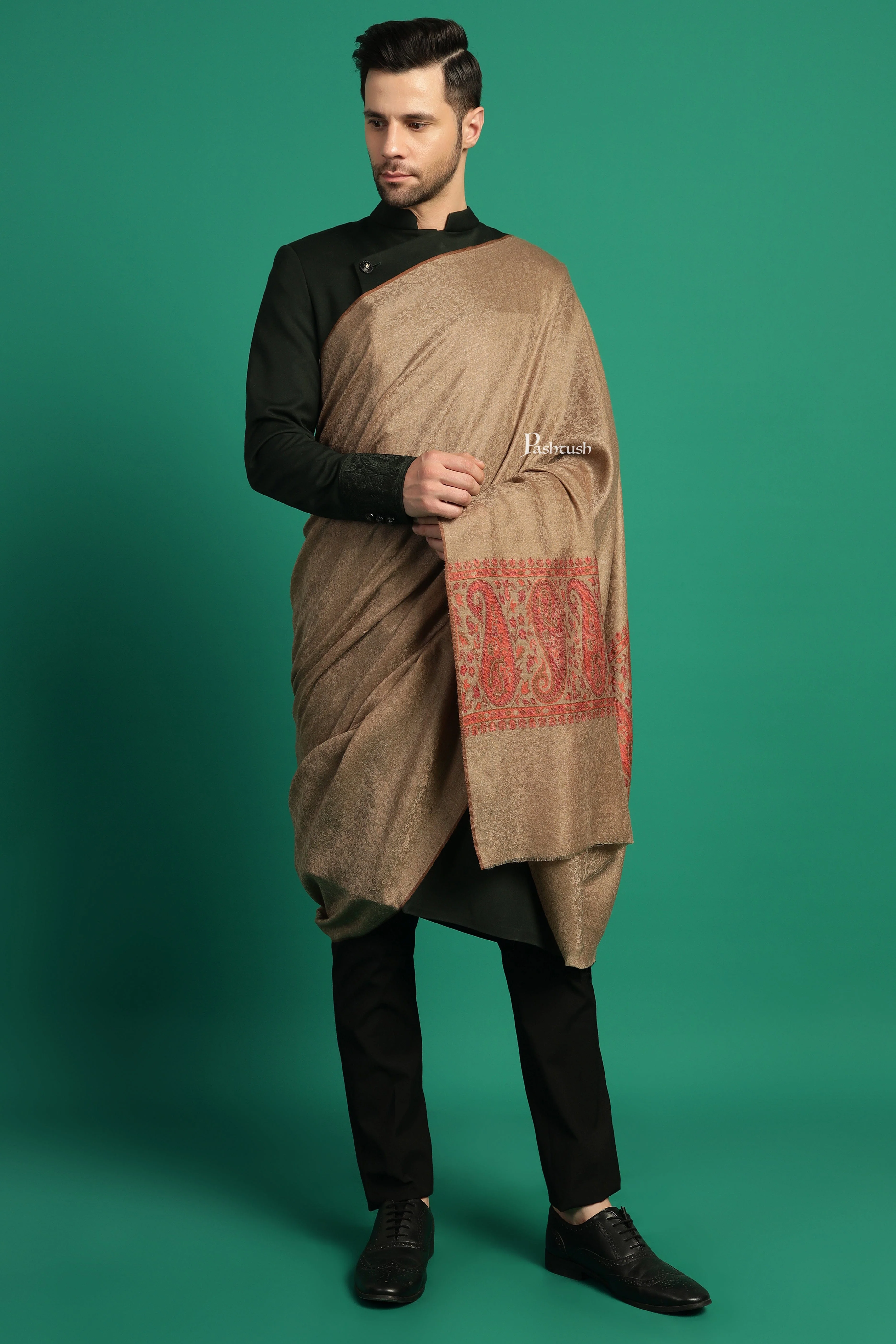 Pashtush His And Her Set Of Mens Fine Wool Shawl and Womens Stole, Premium Gift Box Packaging, Taupe and Marigold - Image 8