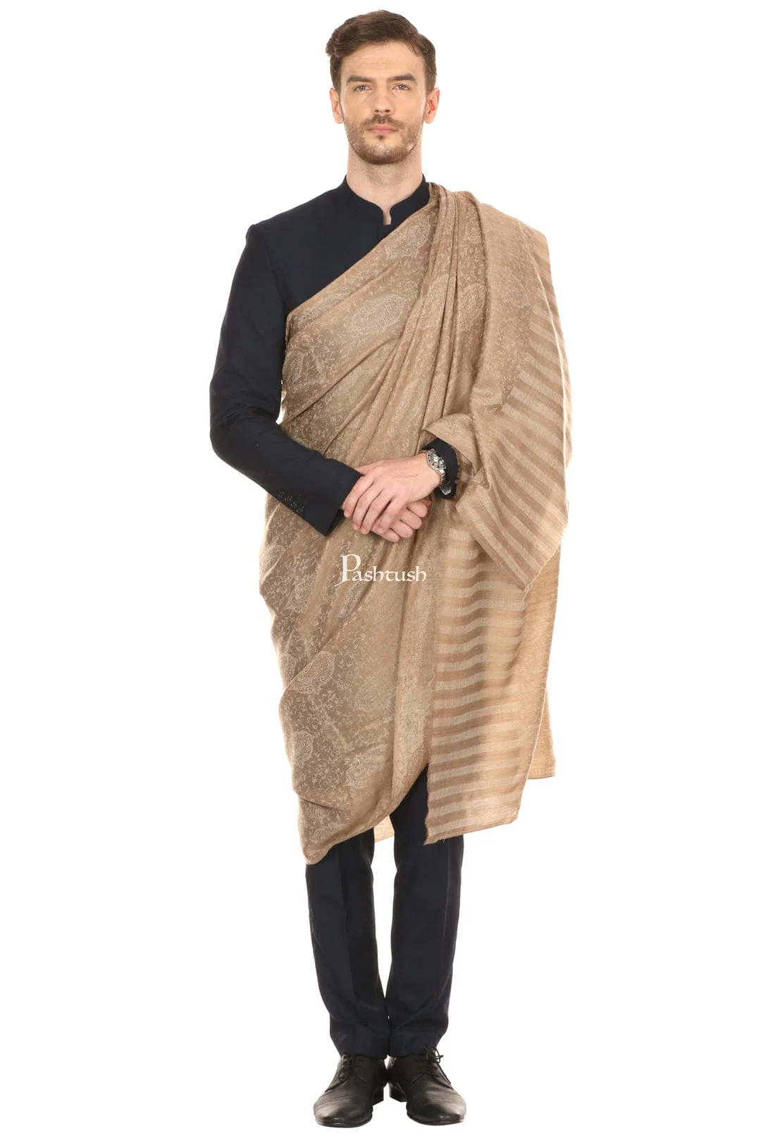 Pashtush His And Her Set Of Mens Fine Wool Shawl and Womens Twilight Shawl, Premium Gift Box Packaging, Beige - Image 5
