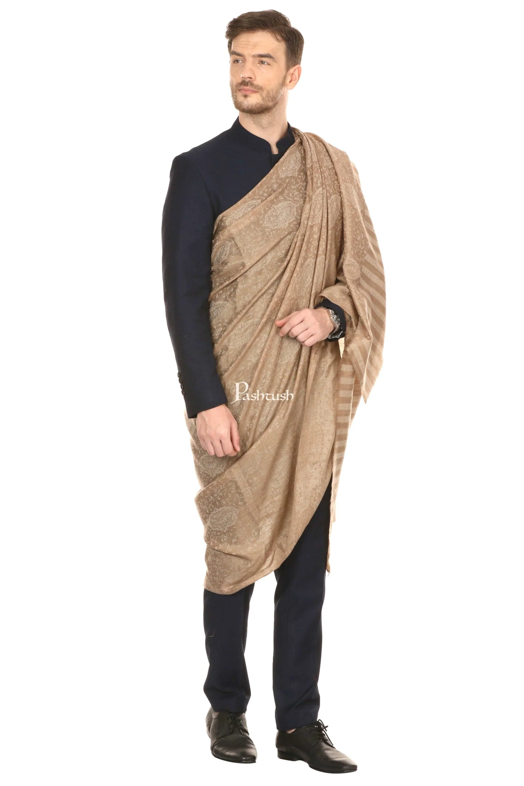 Pashtush His And Her Set Of Mens Fine Wool Shawl and Womens Twilight Shawl, Premium Gift Box Packaging, Beige - Image 6