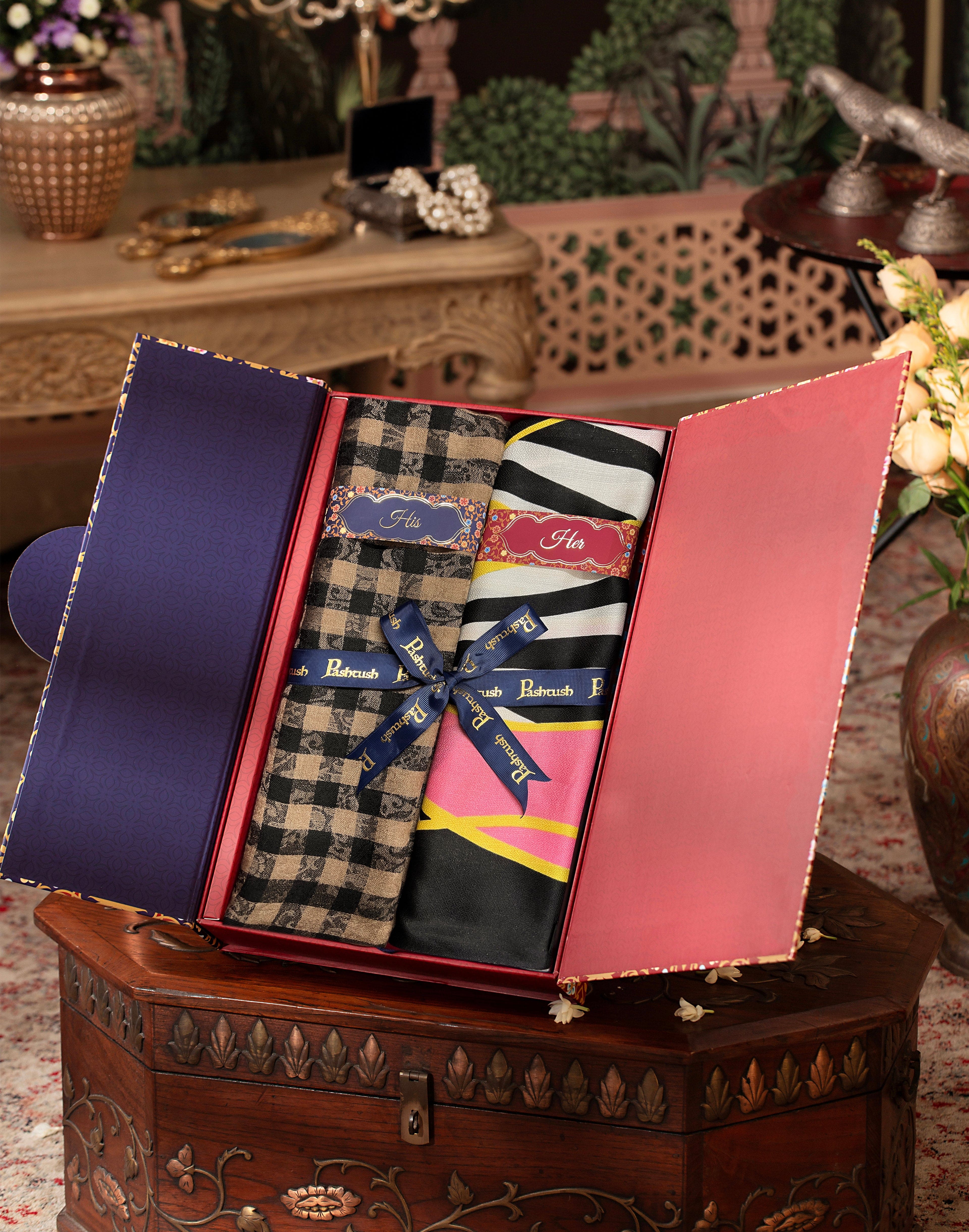 Pashtush His And Her Set Of Mens Fine Wool Stole and Womens Bamboo Stole, Premium Gift Box Packaging, Black and Multicolour - Image 3