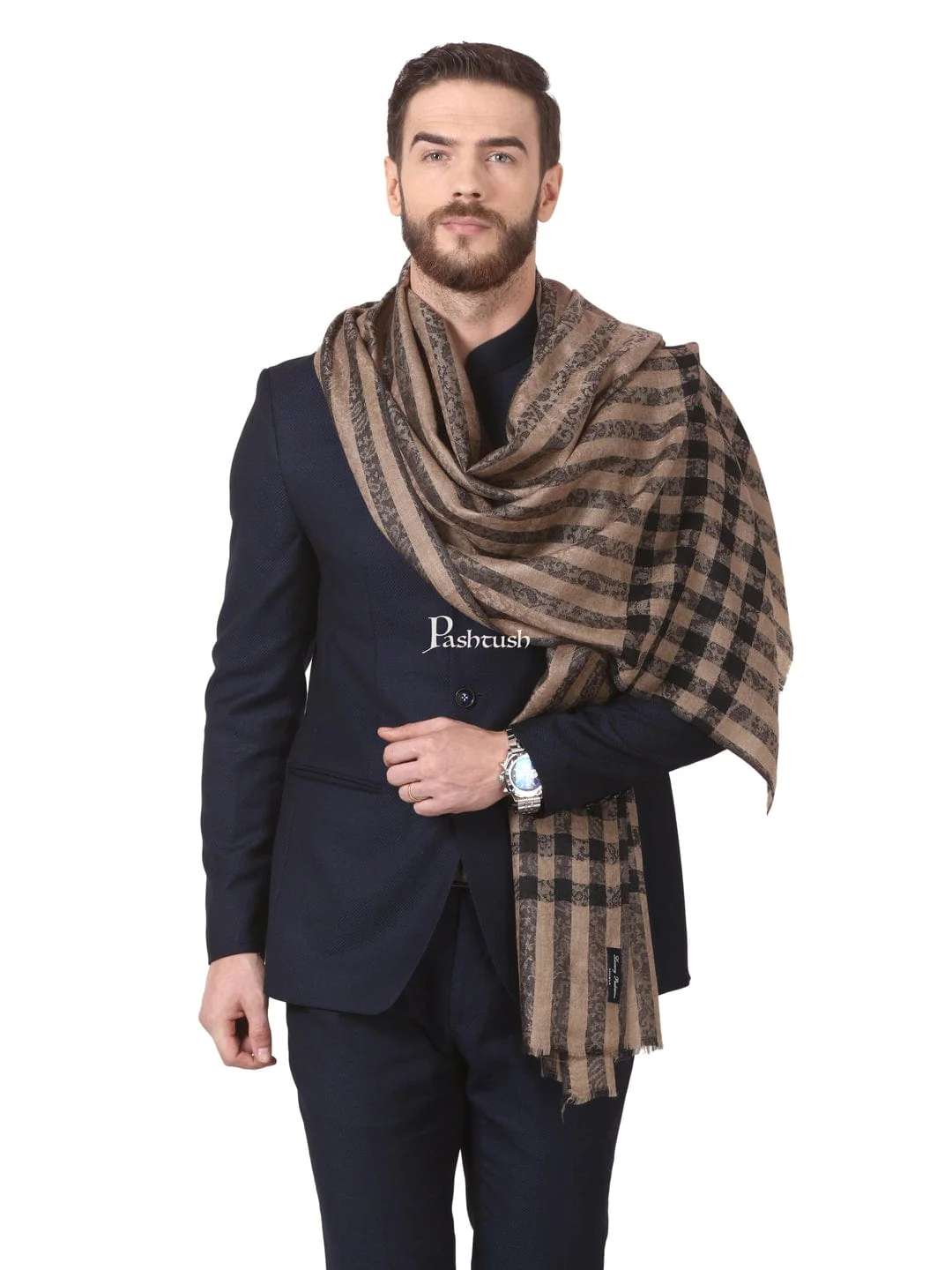 Pashtush His And Her Set Of Mens Fine Wool Stole and Womens Bamboo Stole, Premium Gift Box Packaging, Black and Multicolour - Image 6