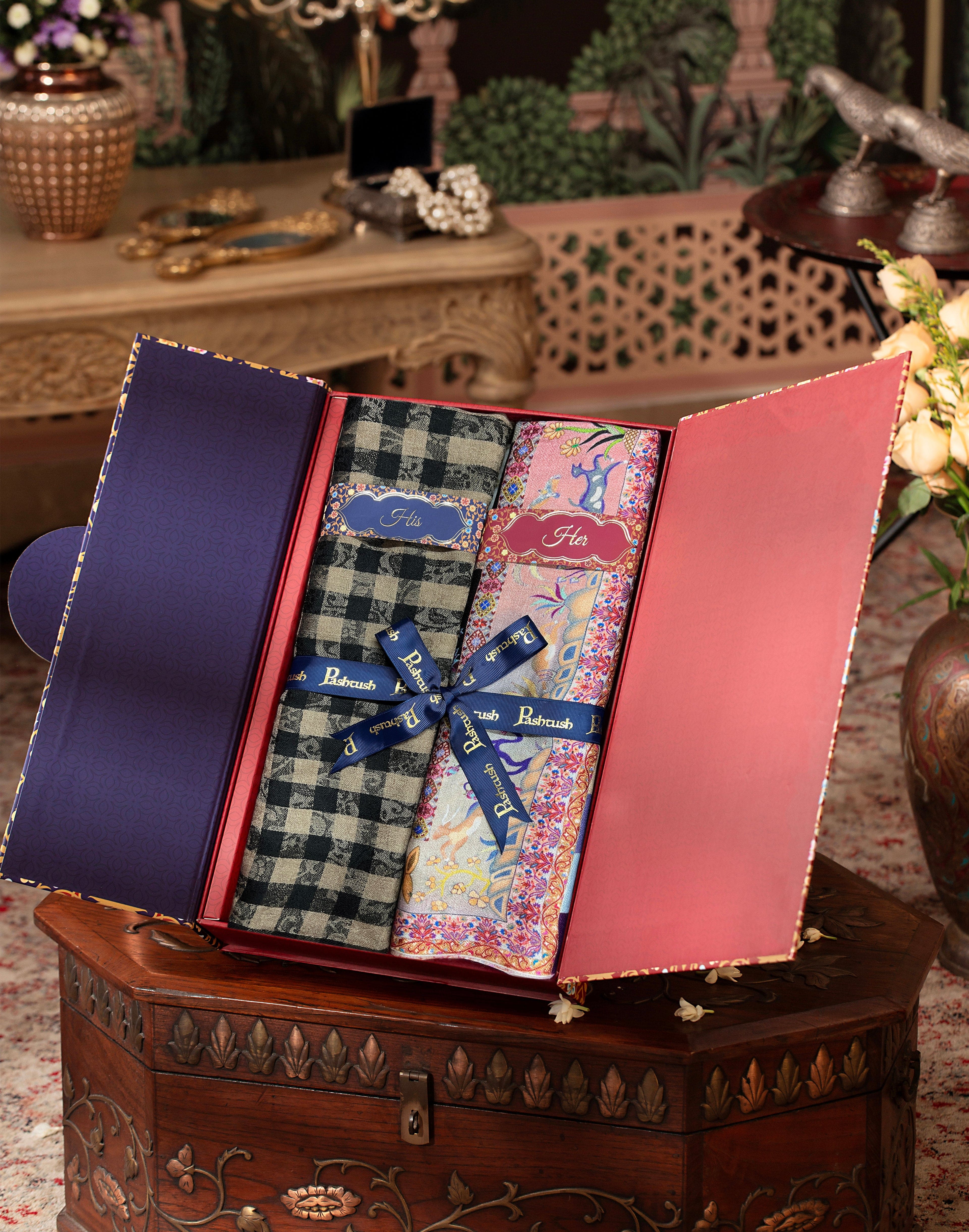 Pashtush His And Her Set Of Mens Fine Wool Stole and Womens Bamboo Stole, Premium Gift Box Packaging, Black and Pink - Image 3