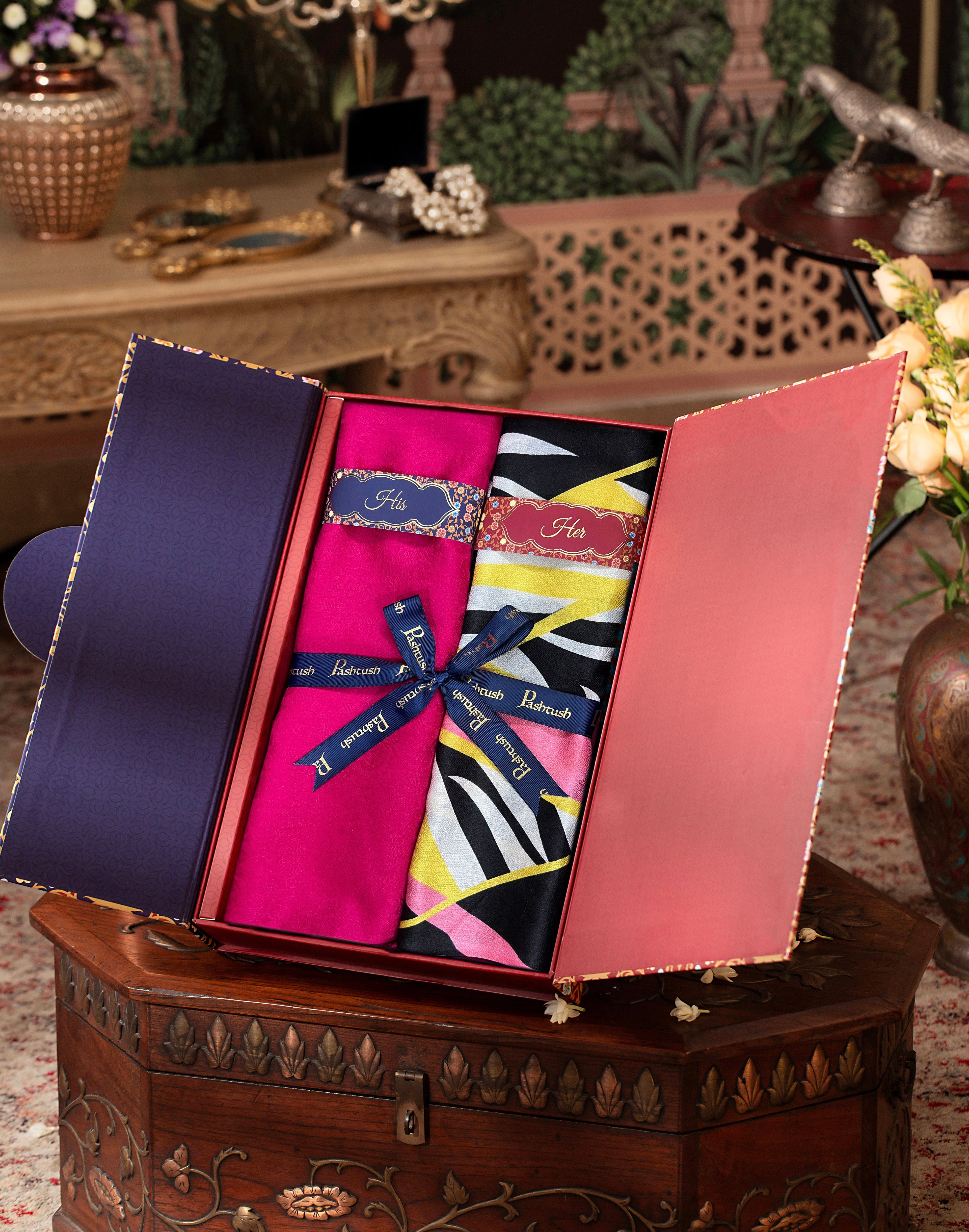Pashtush His And Her Set Of Mens Fine Wool Stole and Womens Bamboo Stole, Premium Gift Box Packaging, Pink and Multicolour - Image 3