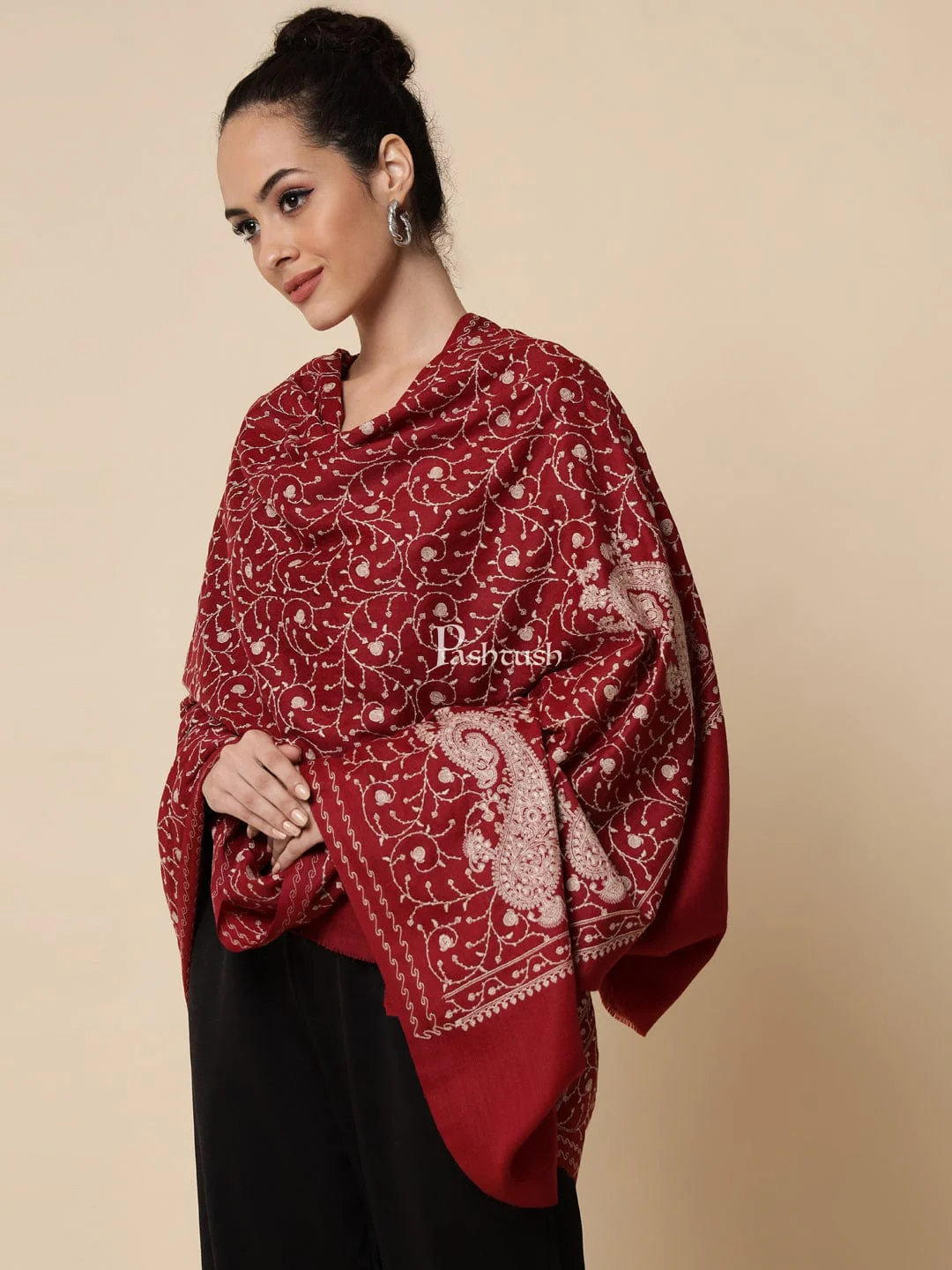 Pashtush His And Her Set Of Mens Fine Wool Stole and Womens Embroidery Shawl, Premium Gift Box Packaging, Maroon - Image 11
