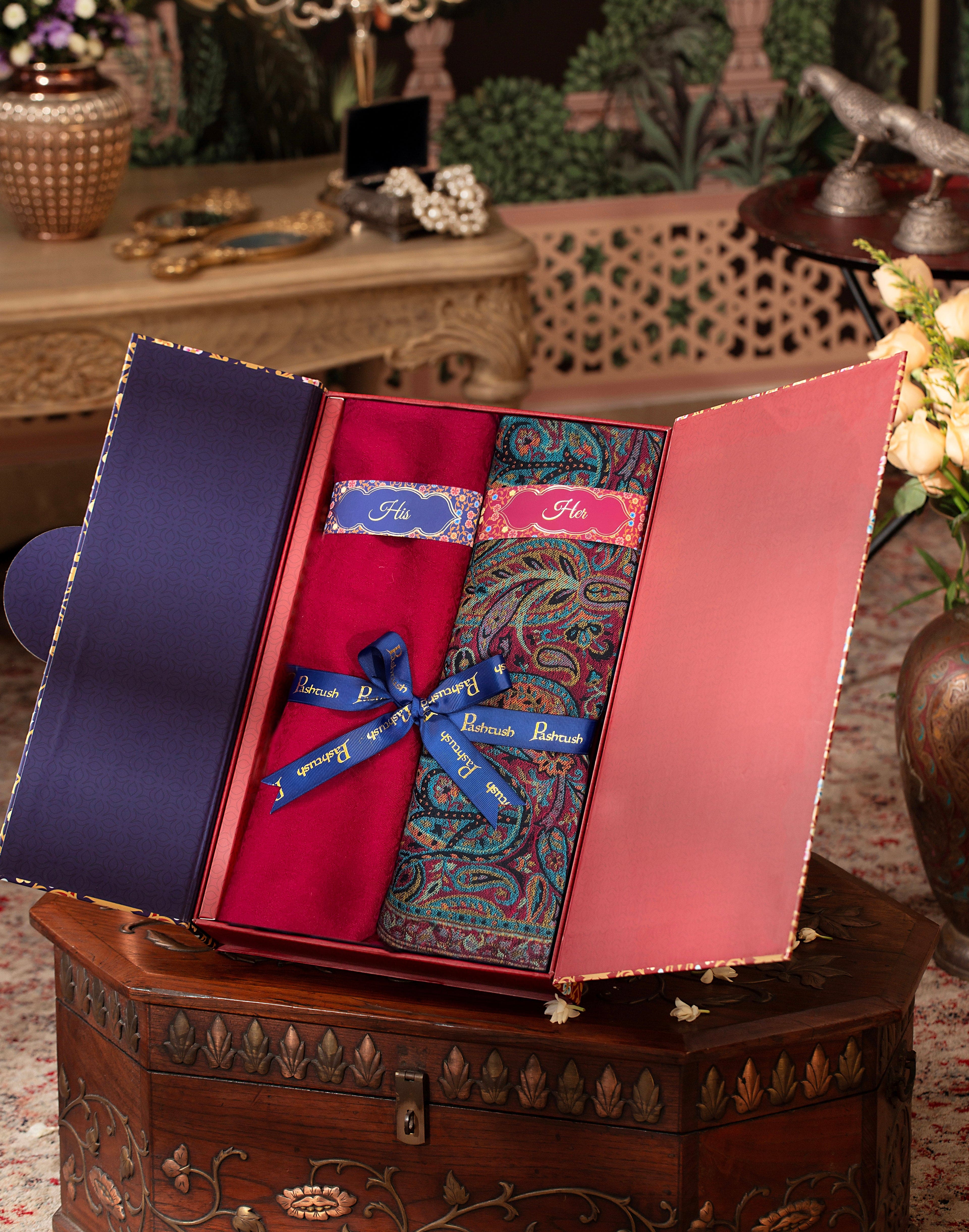 Pashtush His And Her Set Of Mens Fine Wool Stole and Womens Extra FIne Wool Shawl, Premium Gift Box Packaging, Maroon and Black - Image 3