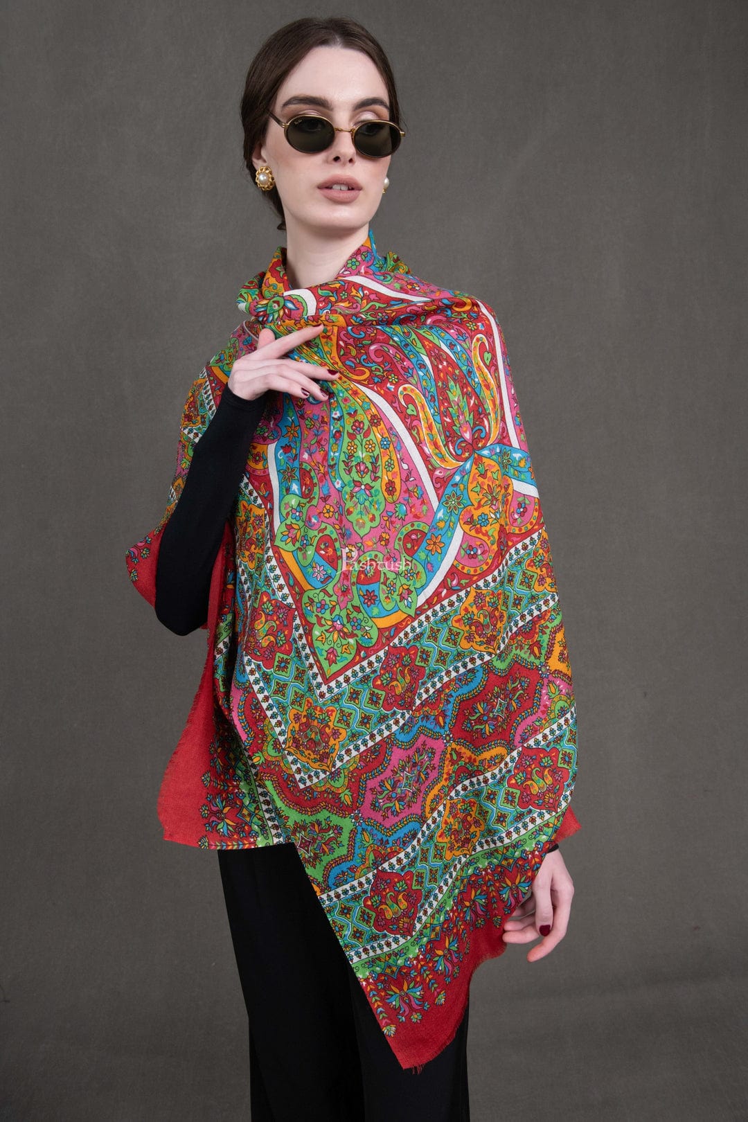 Pashtush His And Her Set Of Mens Fine Wool Stole and Womens Printed Kalamkari Stole, Premium Gift Box Packaging, Black - Image 11