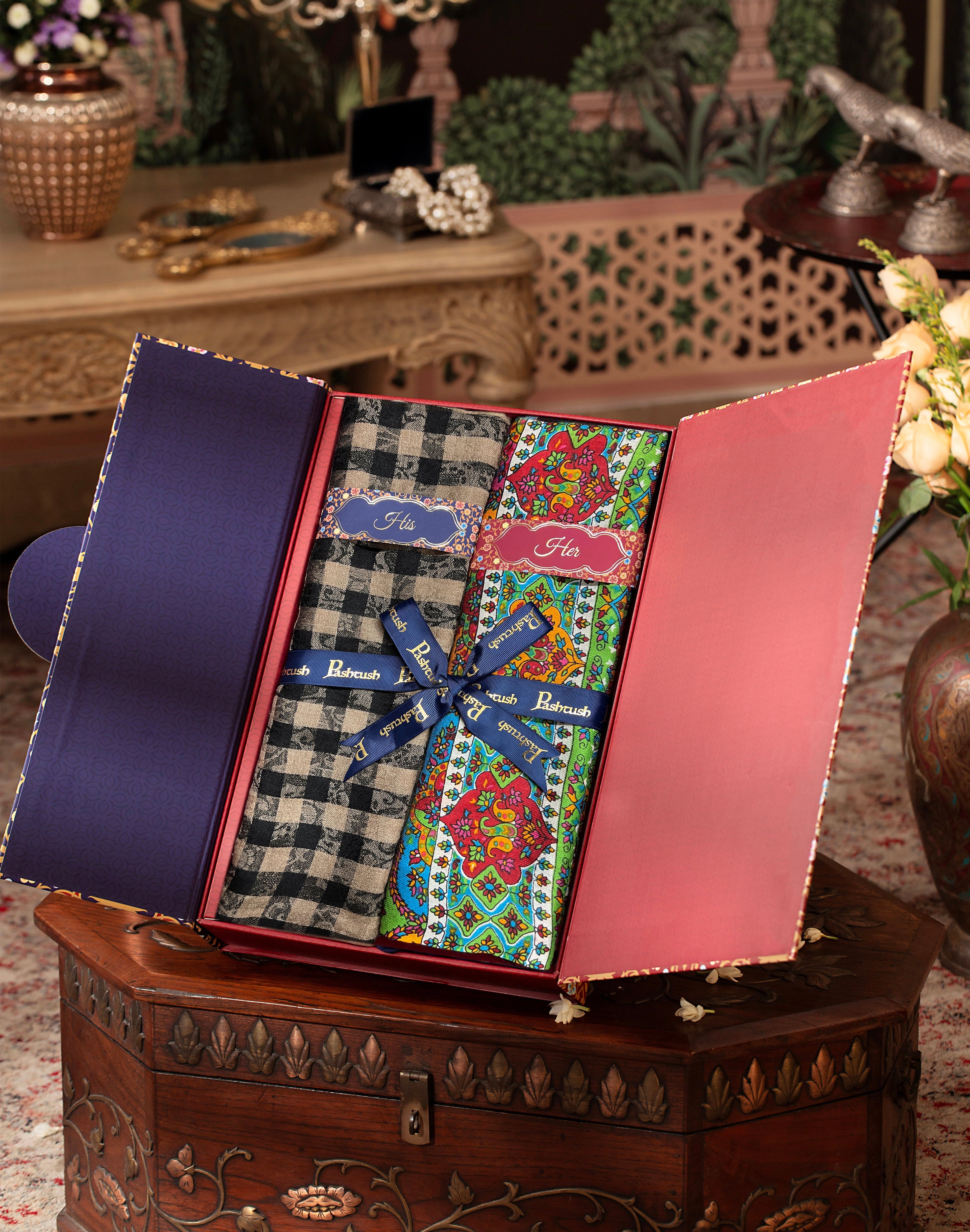 Pashtush His And Her Set Of Mens Fine Wool Stole and Womens Printed Kalamkari Stole, Premium Gift Box Packaging, Black - Image 3