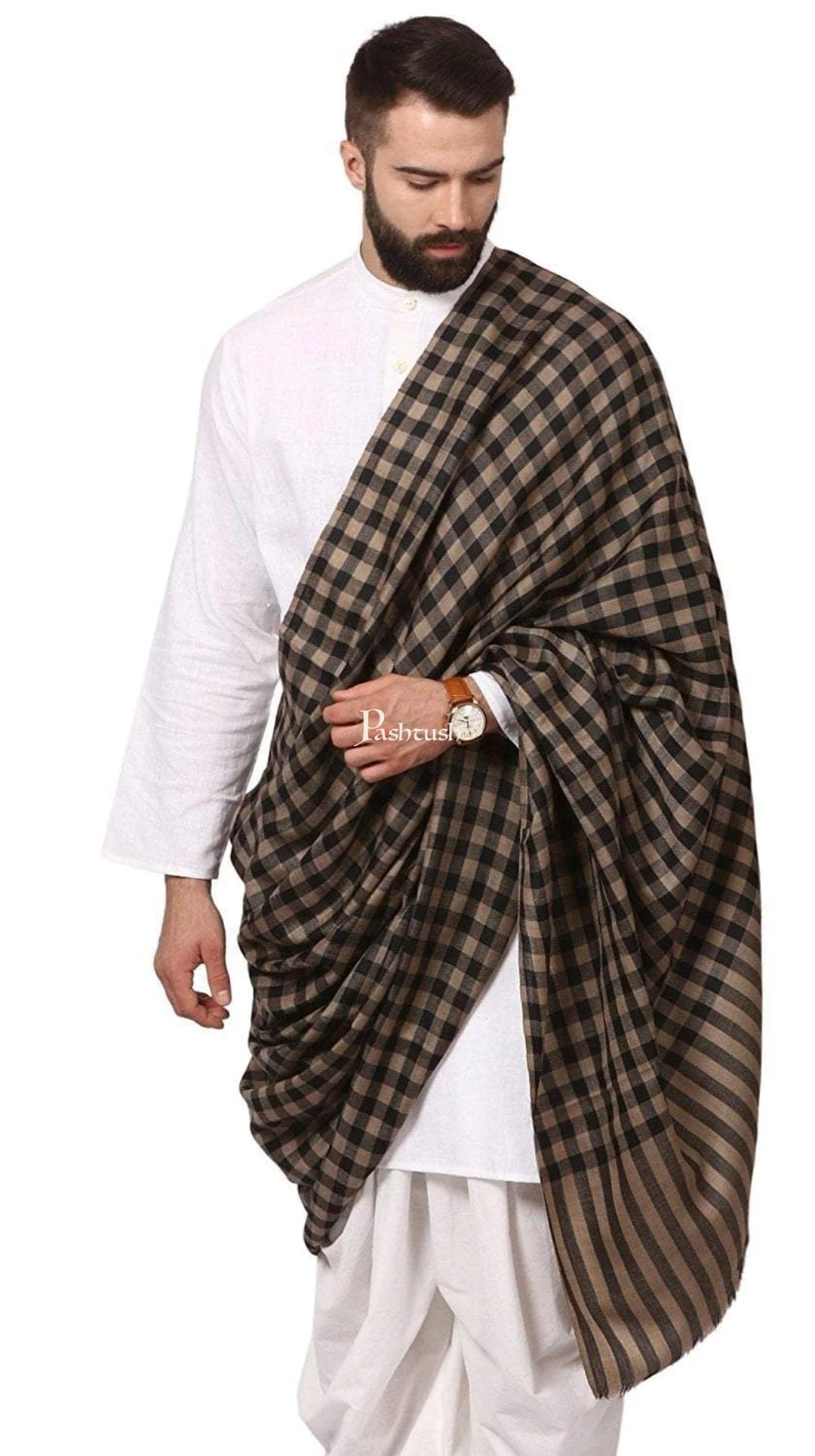 Pashtush His And Her Set Of Mens Fine Wool Stole and Womens Reversible Stole, Premium Gift Box Packaging, Beige - Image 4
