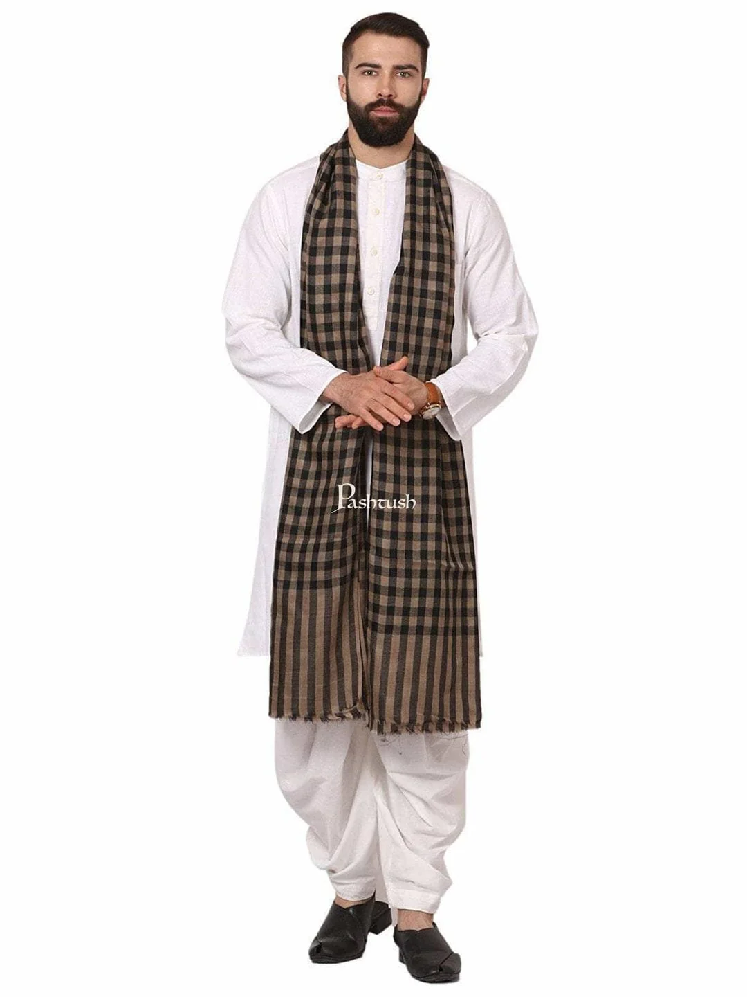 Pashtush His And Her Set Of Mens Fine Wool Stole and Womens Reversible Stole, Premium Gift Box Packaging, Beige - Image 7