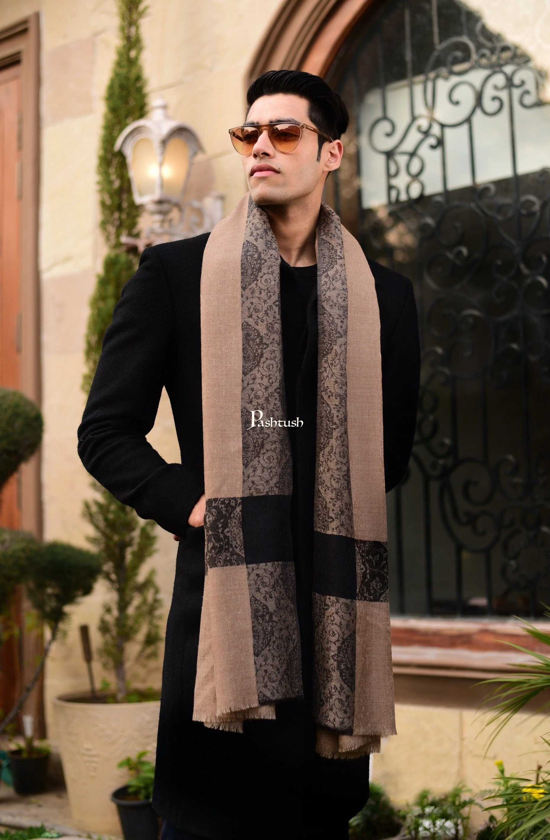 Pashtush His And Her Set Of Mens Fine Wool Stole and Womes Pure Wool Stole, Premium Gift Box Packaging, Beige and Blue - Image 3