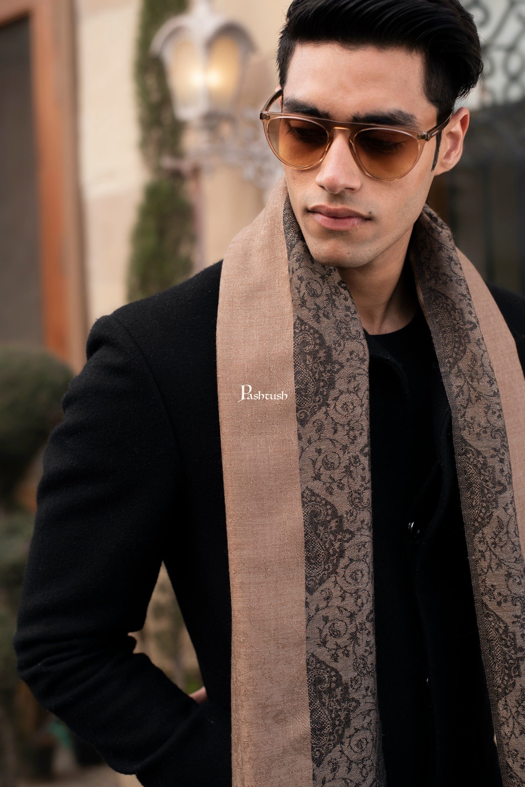 Pashtush His And Her Set Of Fine Wool Stoles, Premium Gift Box Packaging, Beige and Black - Image 8