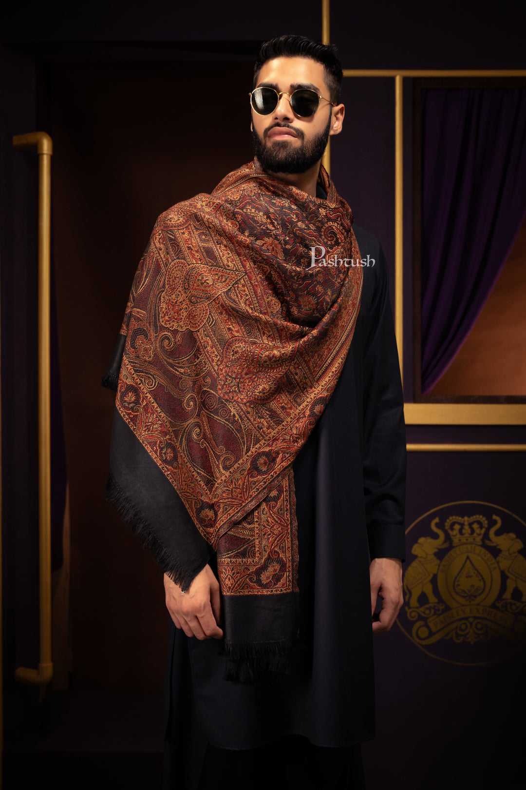 Pashtush His And Her Set Of Mens Jamawar Stole and Womens Bamboo Stole, Premium Gift Box Packaging, Black and Multicolour - Image 5