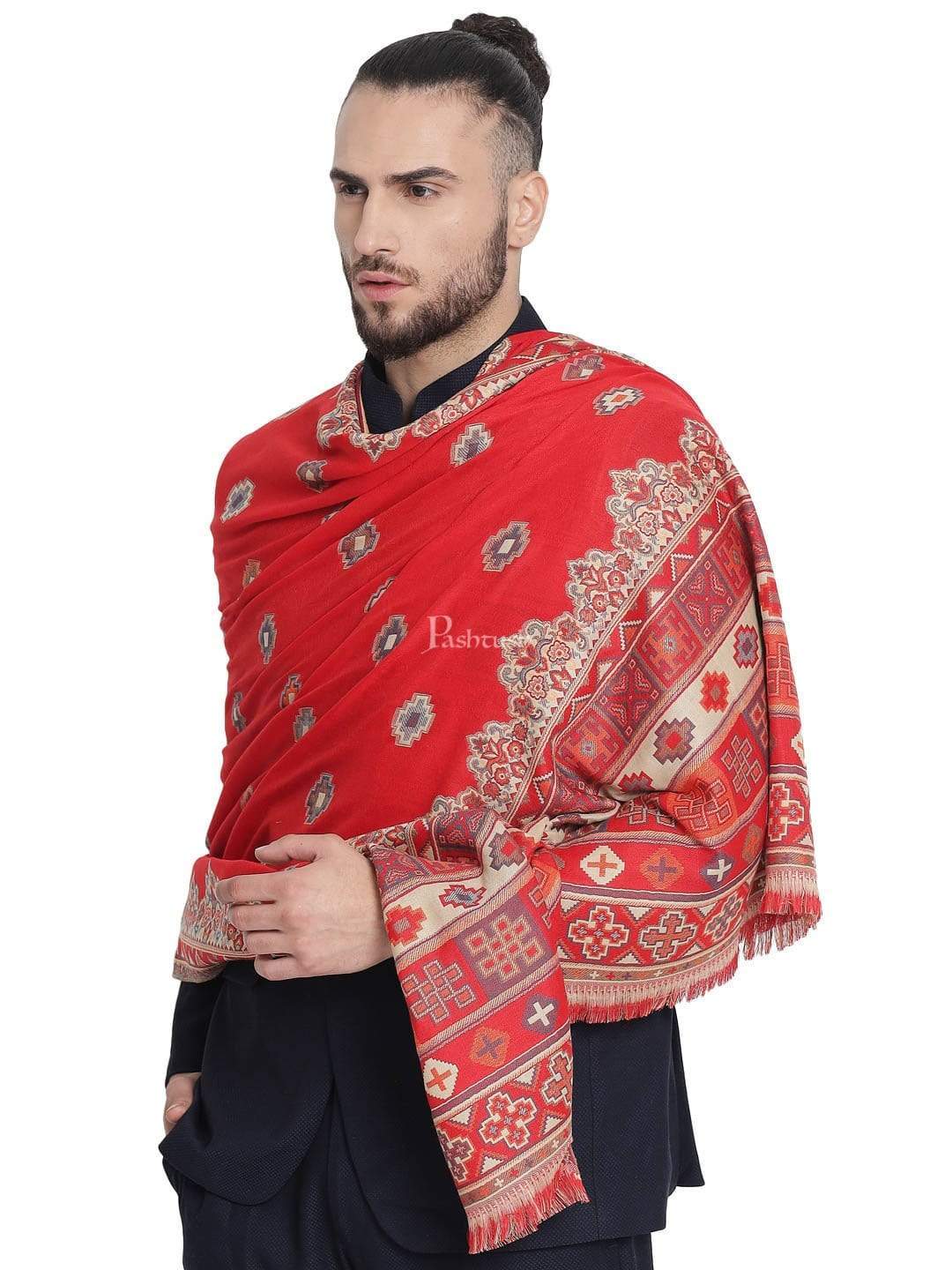 Pashtush His And Her Set Of Mens Jamawar Stole and Womens Bamboo Stole, Premium Gift Box Packaging, Maroon and Red - Image 6