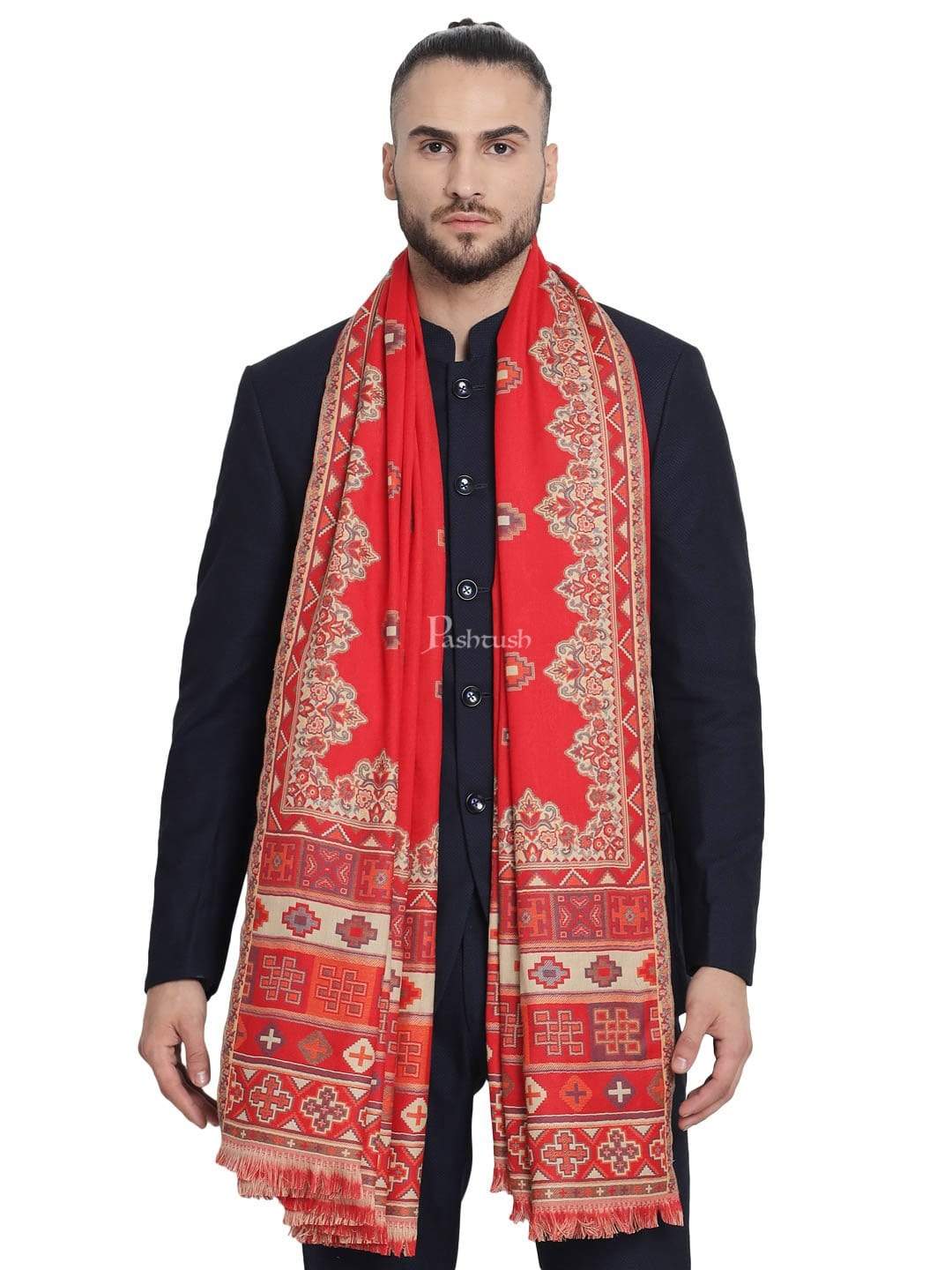 Pashtush His And Her Set Of Mens Jamawar Stole and Womens Shawl, Premium Gift Box Packaging, Maroon and Black - Image 5