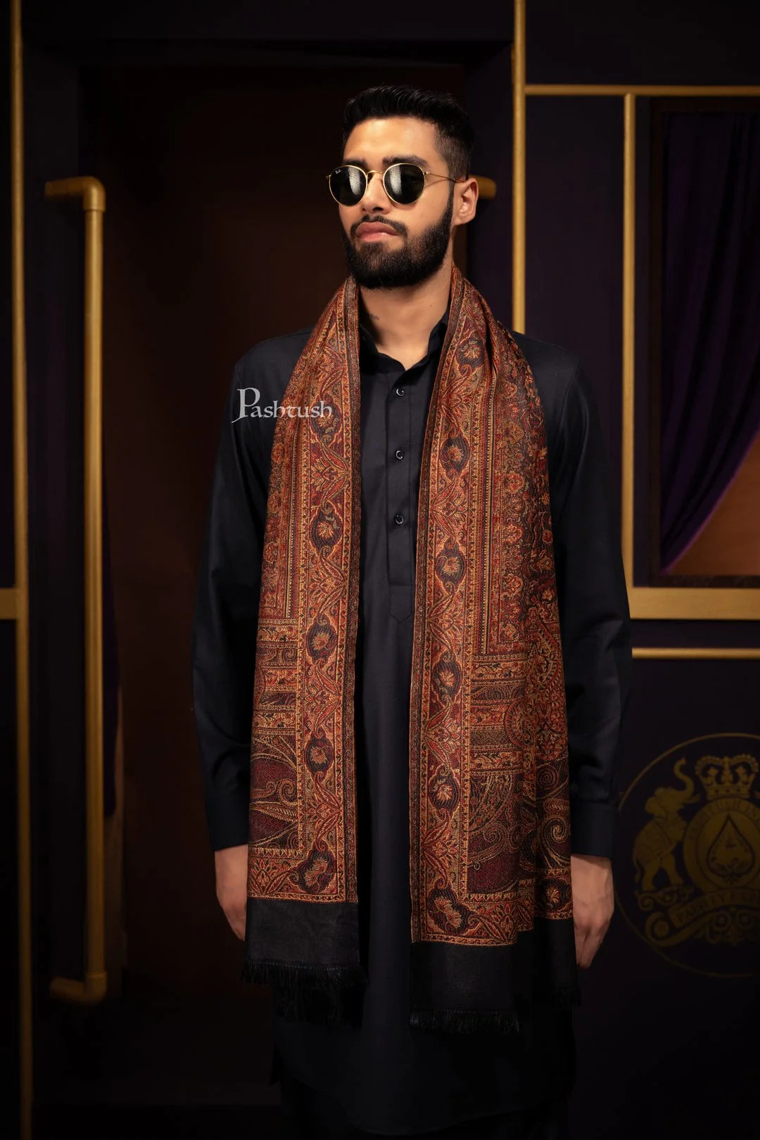 Pashtush His And Her Set Of Mens Jamawar Stole and Womens Twilight Shawl, Premium Gift Box Packaging, Black and Beige - Image 6