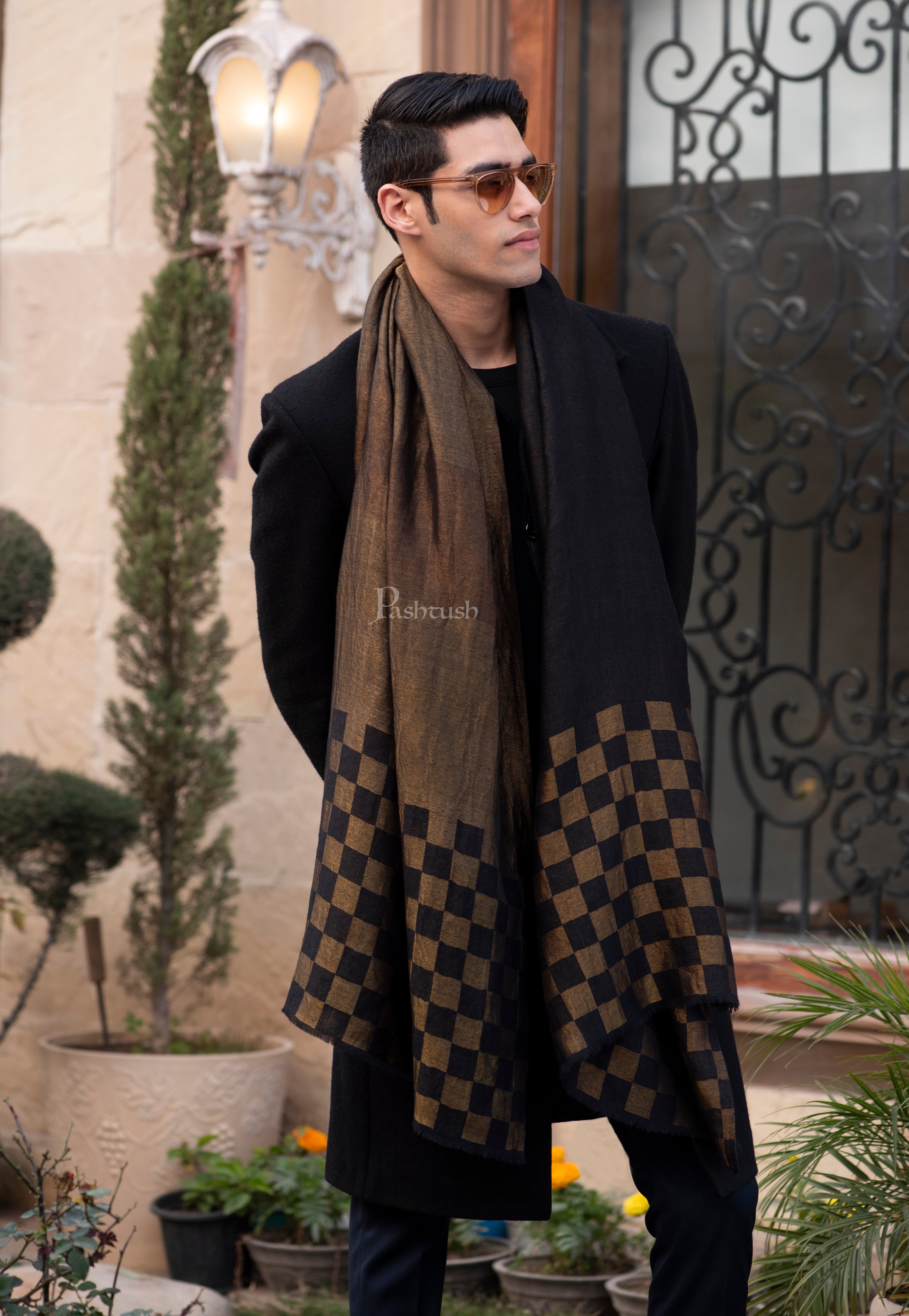 Pashtush His And Her Set Of Twilight Checkered Stole and Paisley Weave Shawl With Premium Gift Box Packaging, Black and Ivory - Image 3
