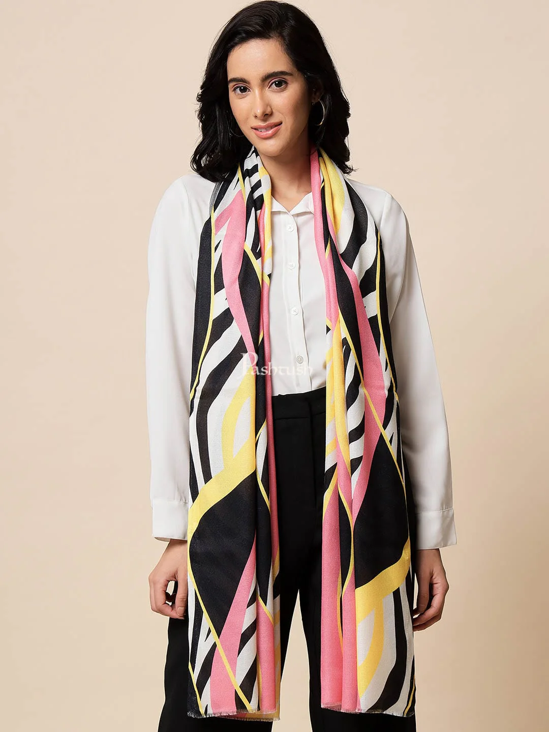Pashtush His And Her Set Of Self and Bamboo Print Stoles With Premium Gift Box Packaging, Ivory and Multi Colour - Image 10