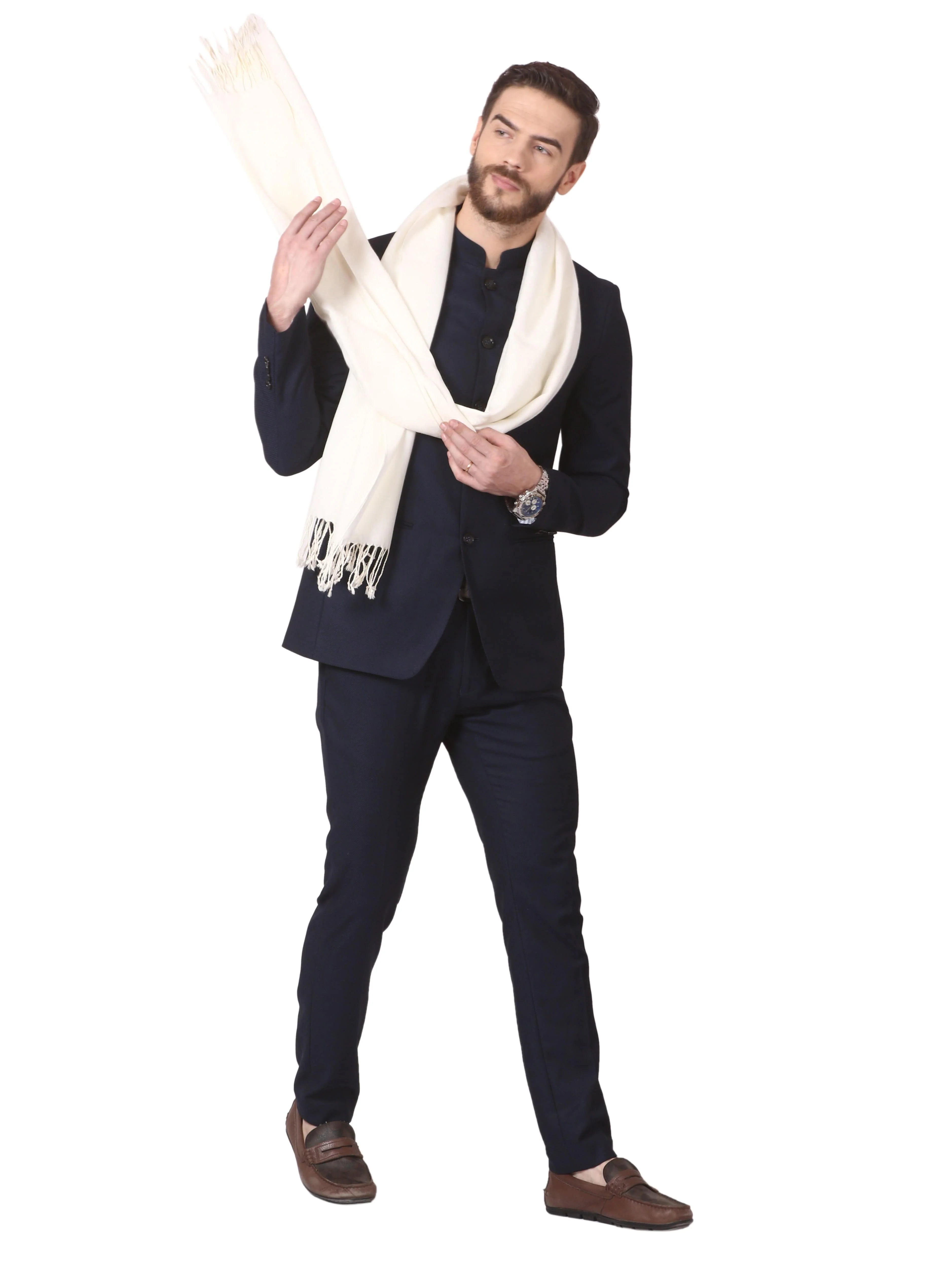 Pashtush His And Her Set Of Self and Bamboo Print Stoles With Premium Gift Box Packaging, Ivory and Multi Colour - Image 5