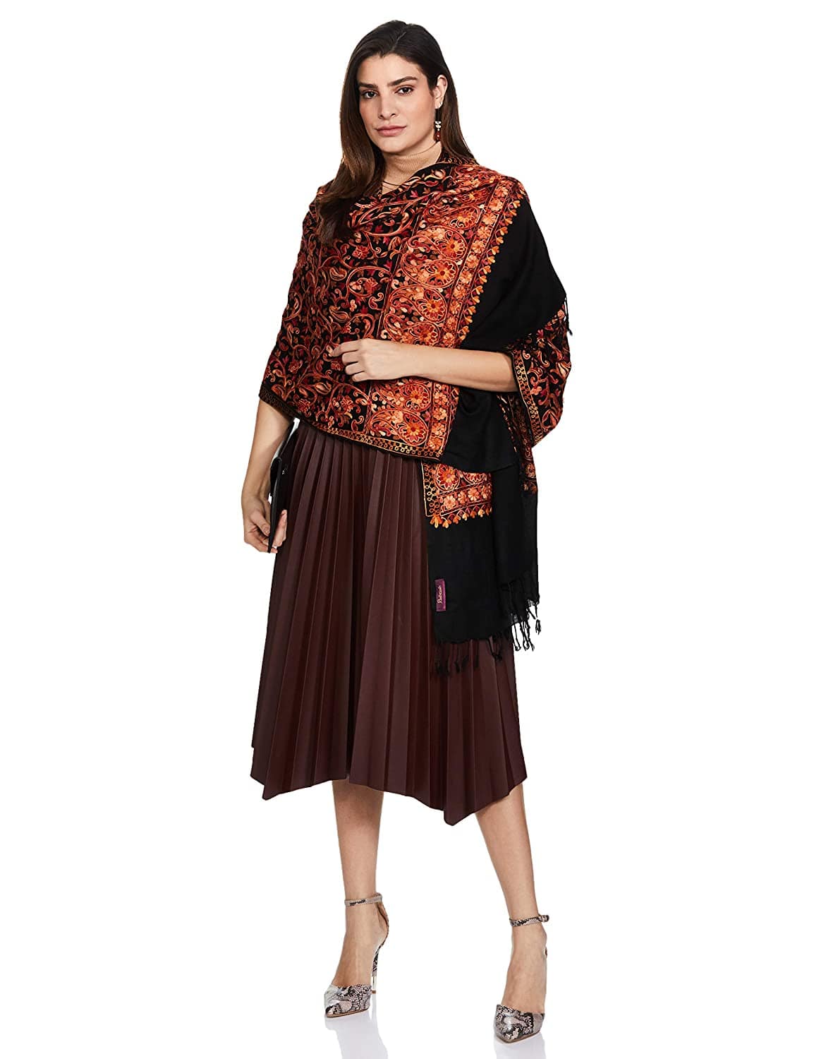 Pashtush Aari Embroidery Stole, Fine Wool, Black - Image 6