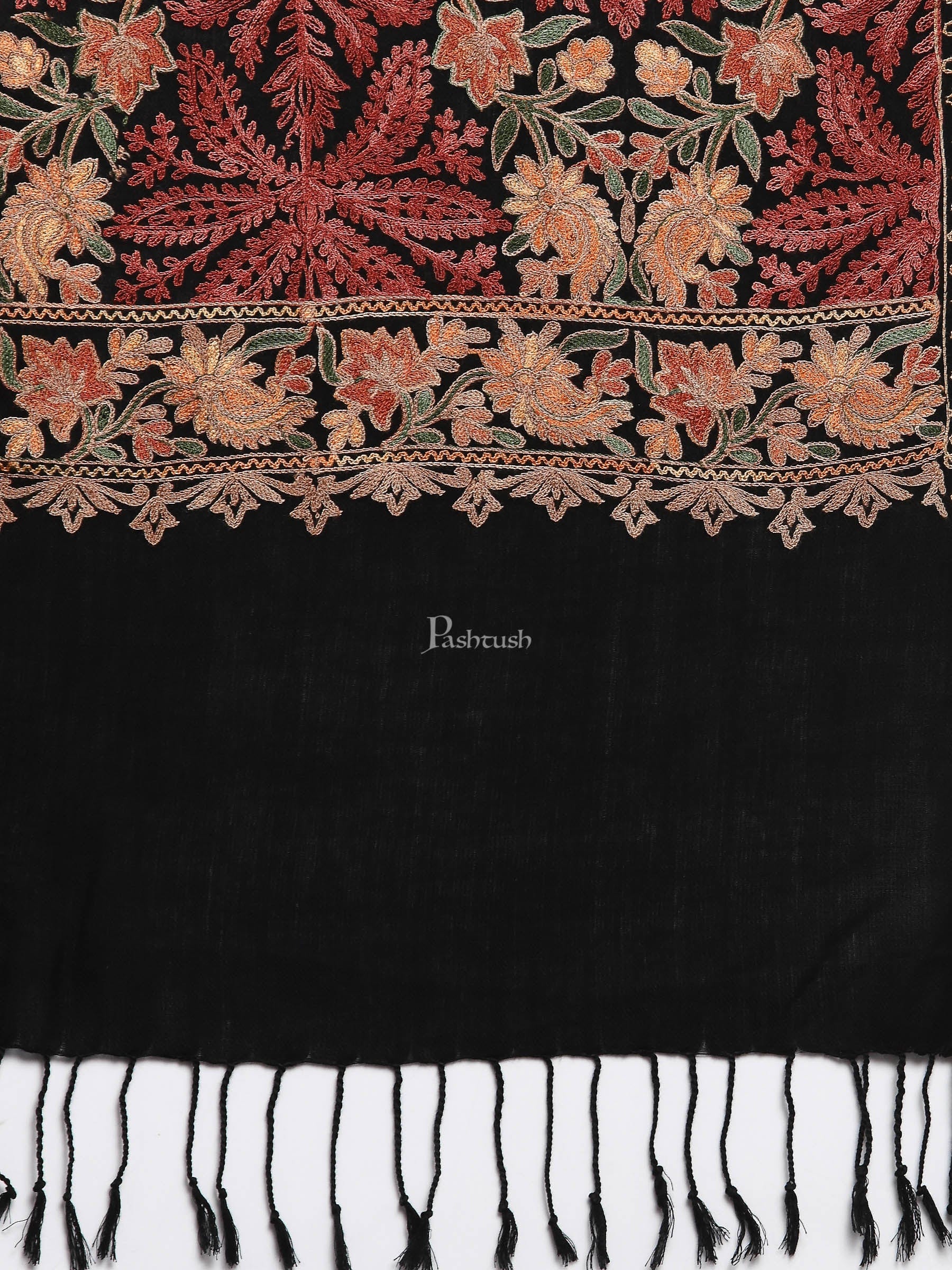 Pashtush Aari Embroidery Stole, Fine Wool, Black - Image 2