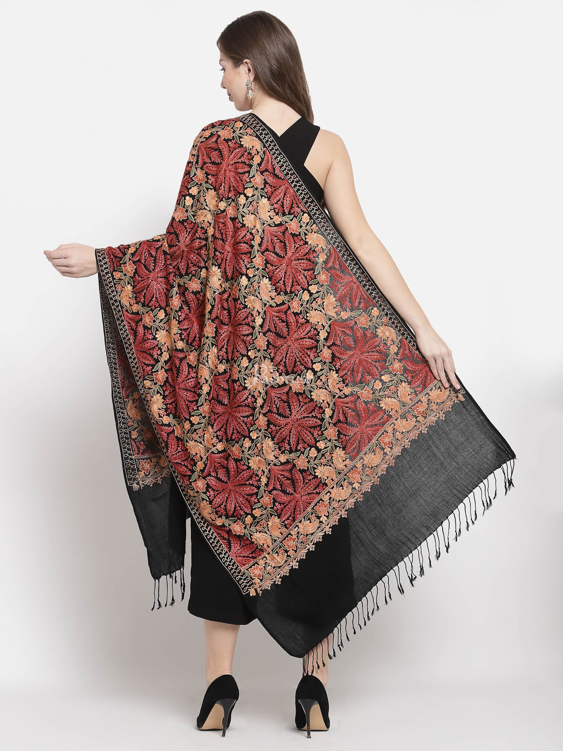 Pashtush Aari Embroidery Stole, Fine Wool, Black - Image 3