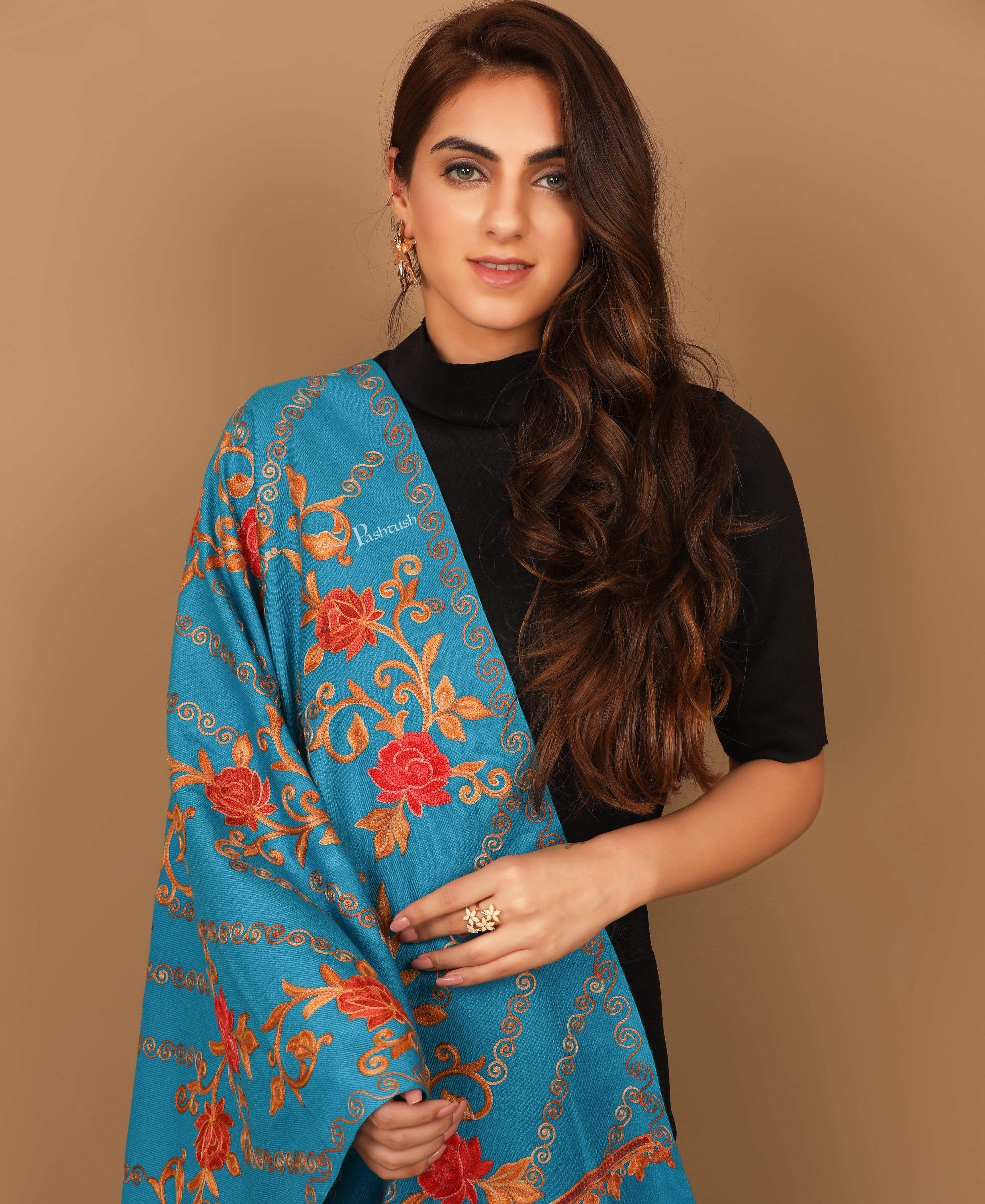 Pashtush Aari Embroidery Stole, Fine Wool, Blue - Image 5