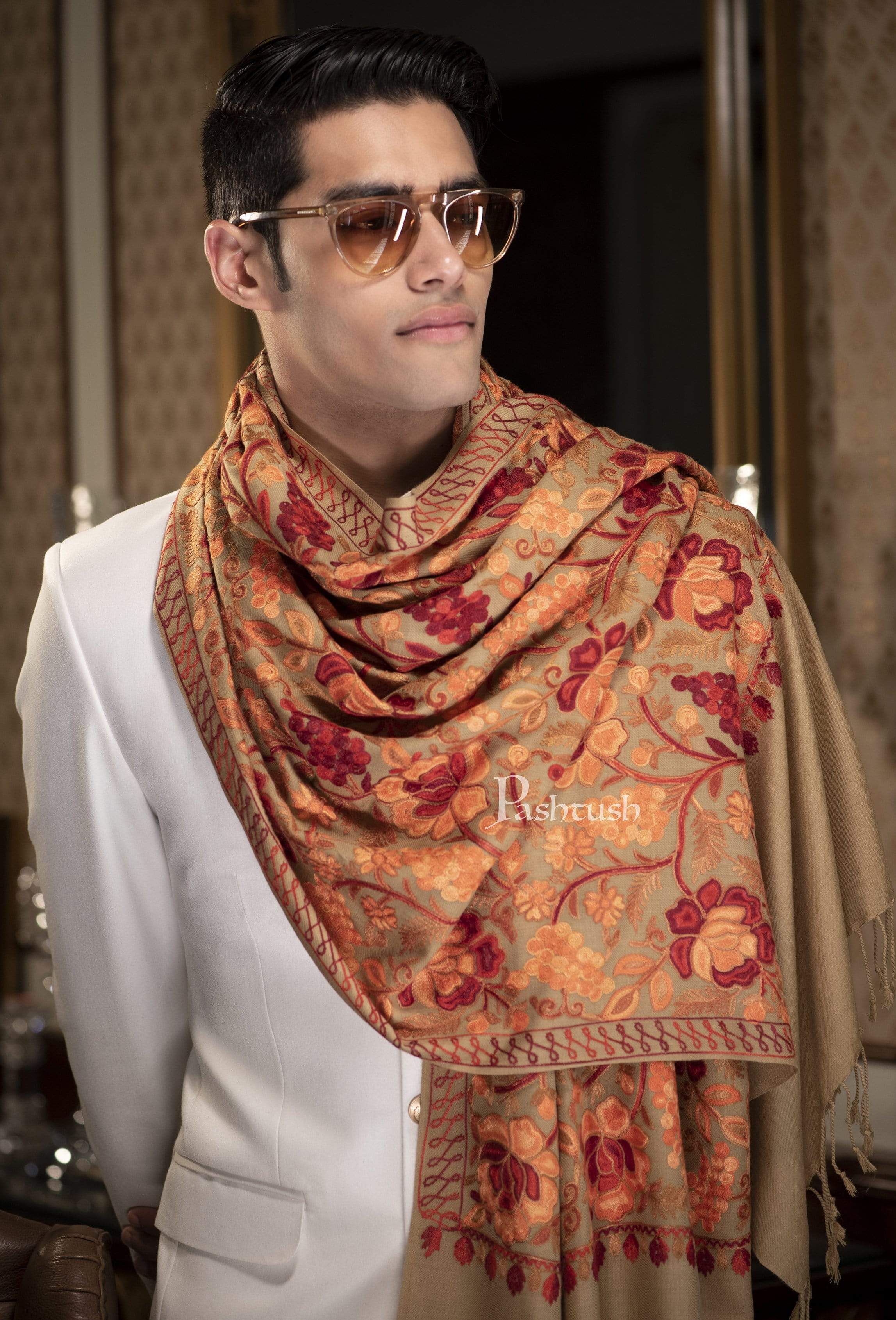 Pashtush Mens Aari Embroidery Stole, Fine Wool, Beige - Image 3