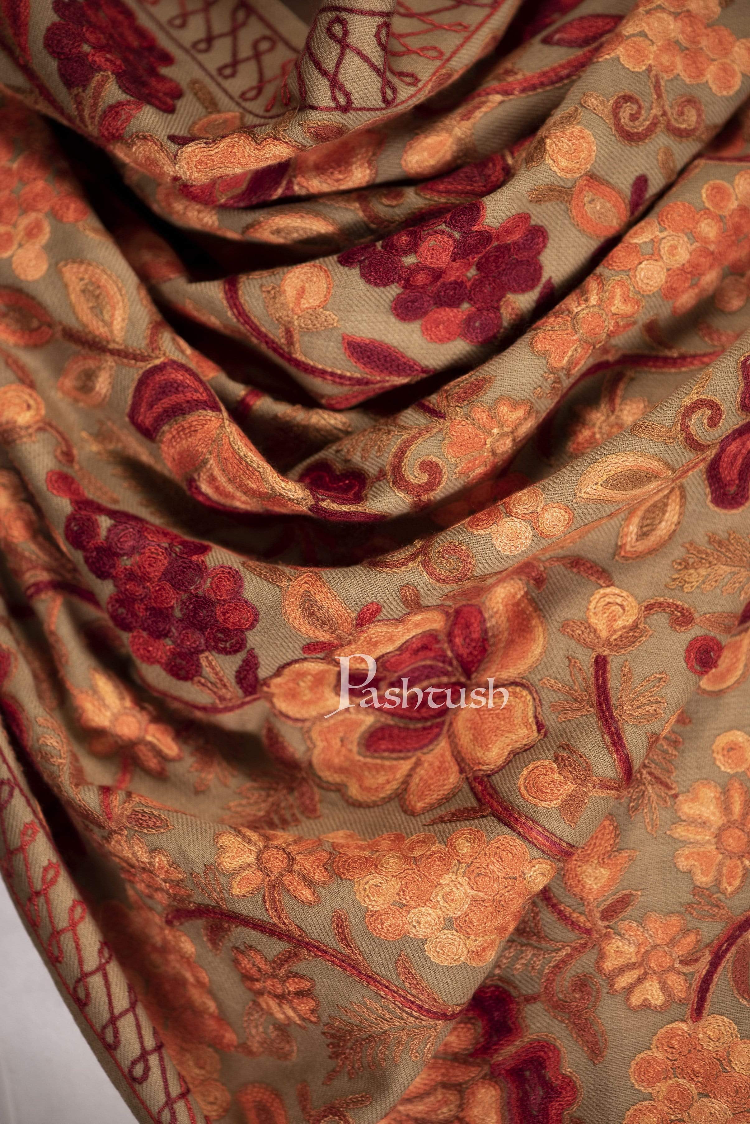 Pashtush Mens Aari Embroidery Stole, Fine Wool, Beige - Image 8