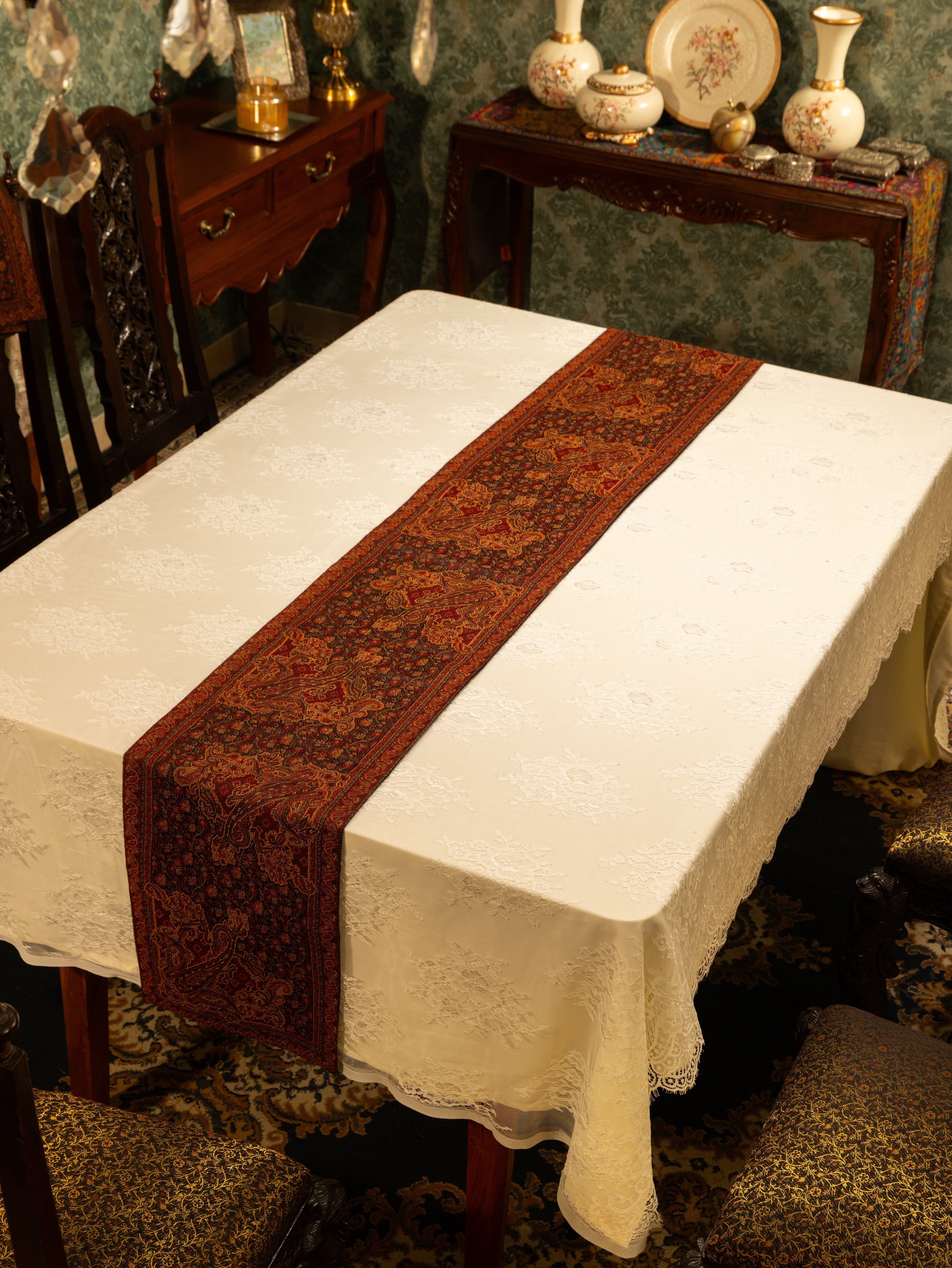 Pashtush Luxury Jamawar Table Runner, Espresso Brown - Image 2