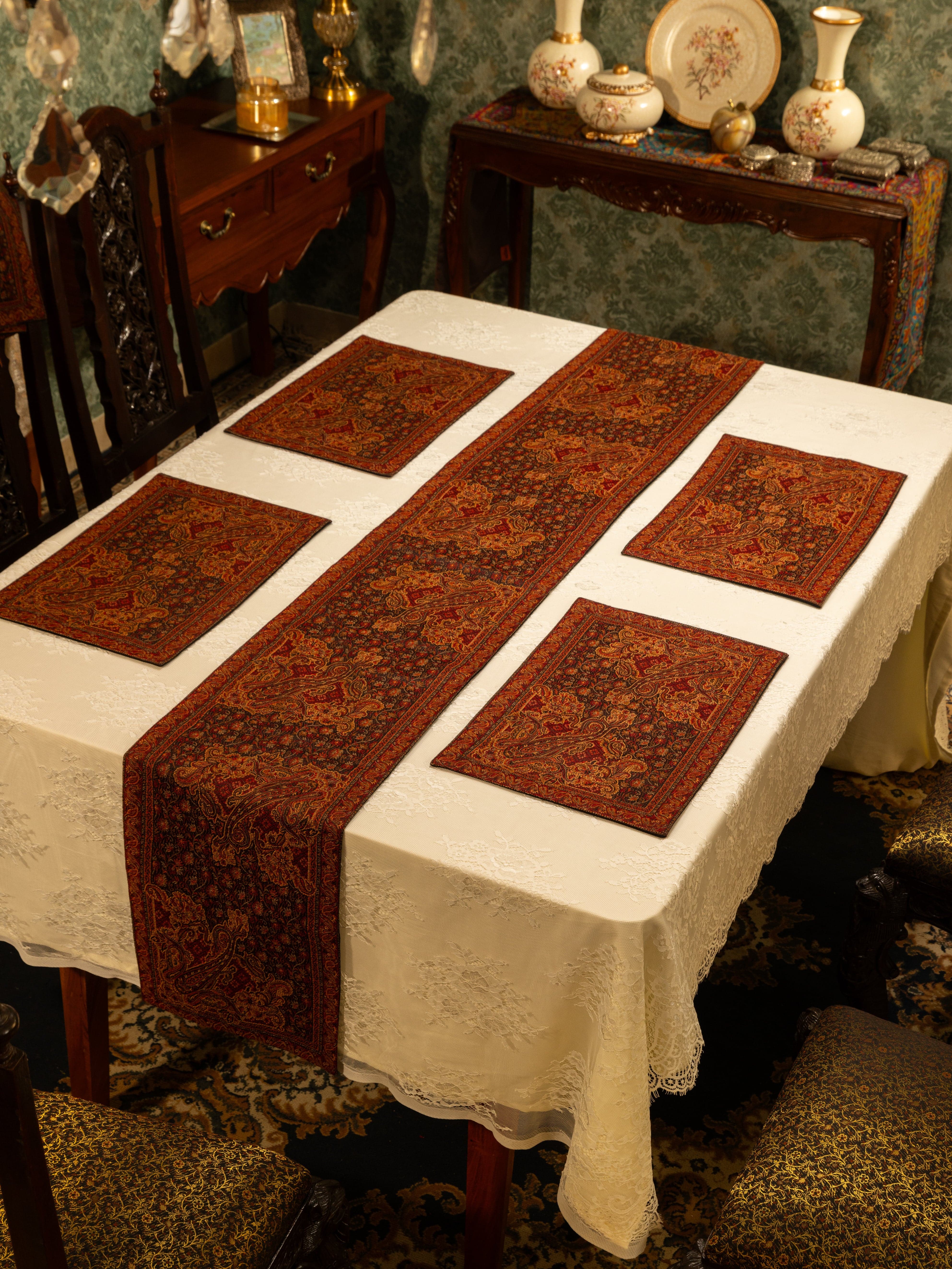 Pashtush Luxury Table Runner with Mats Set, Jamawar Collection, Espresso Brown - Image 3