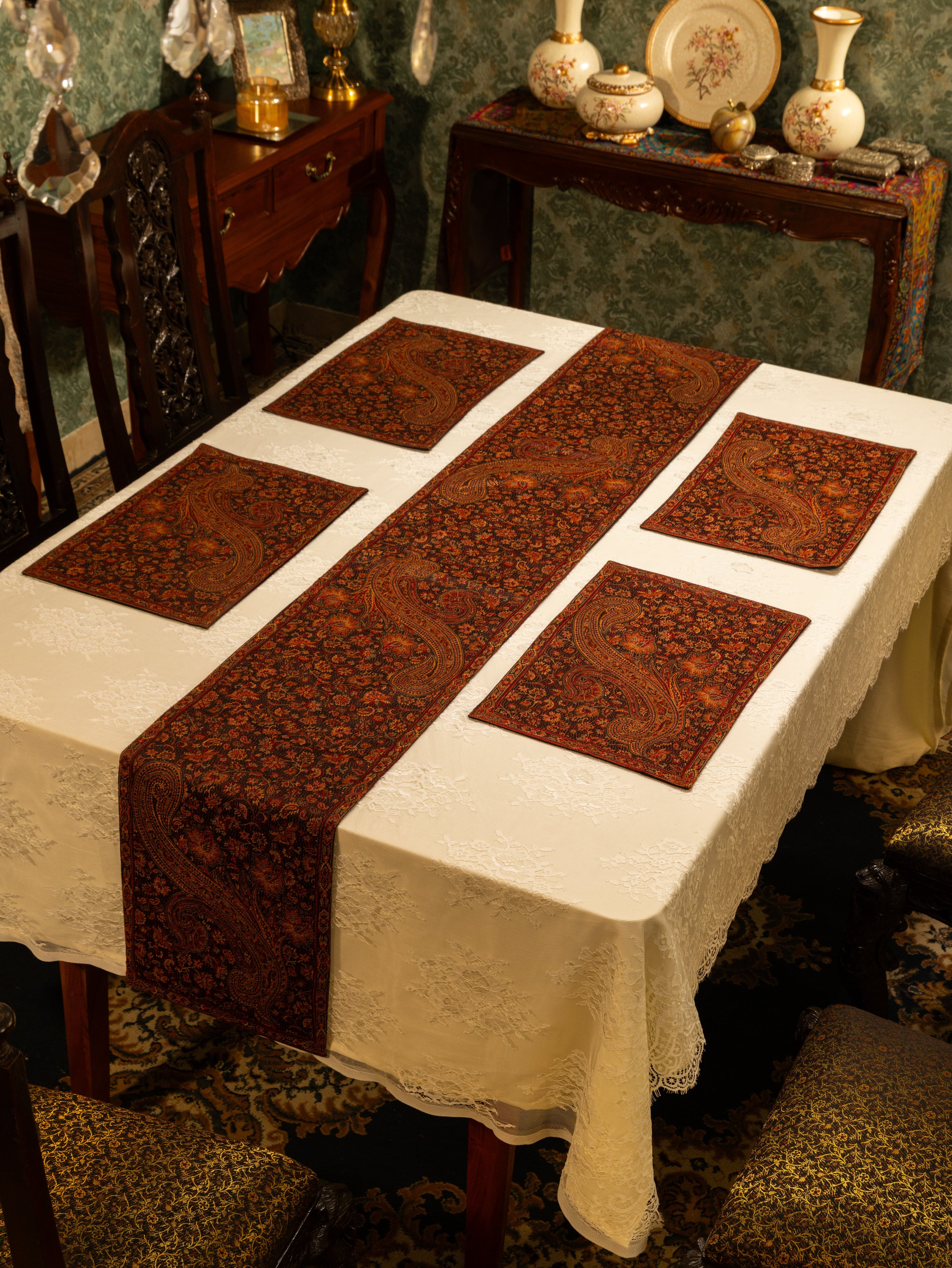 Pashtush Luxury Table Runner with Mats Set, Jamawar Collection, Espresso Brown - Image 4