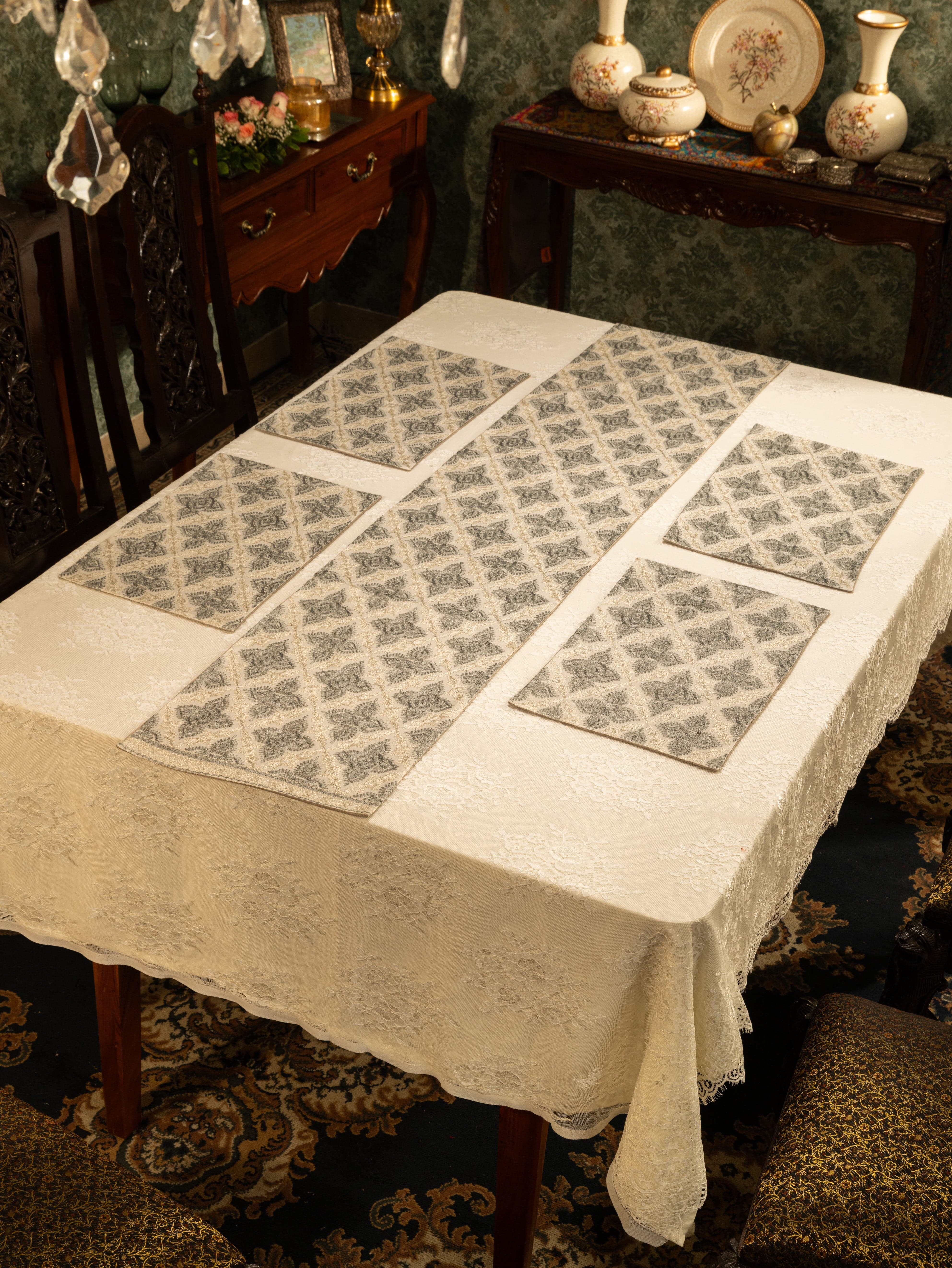 Pashtush Luxury Table Runner with Mats Set, Twilight Collection, Ivory - Image 4