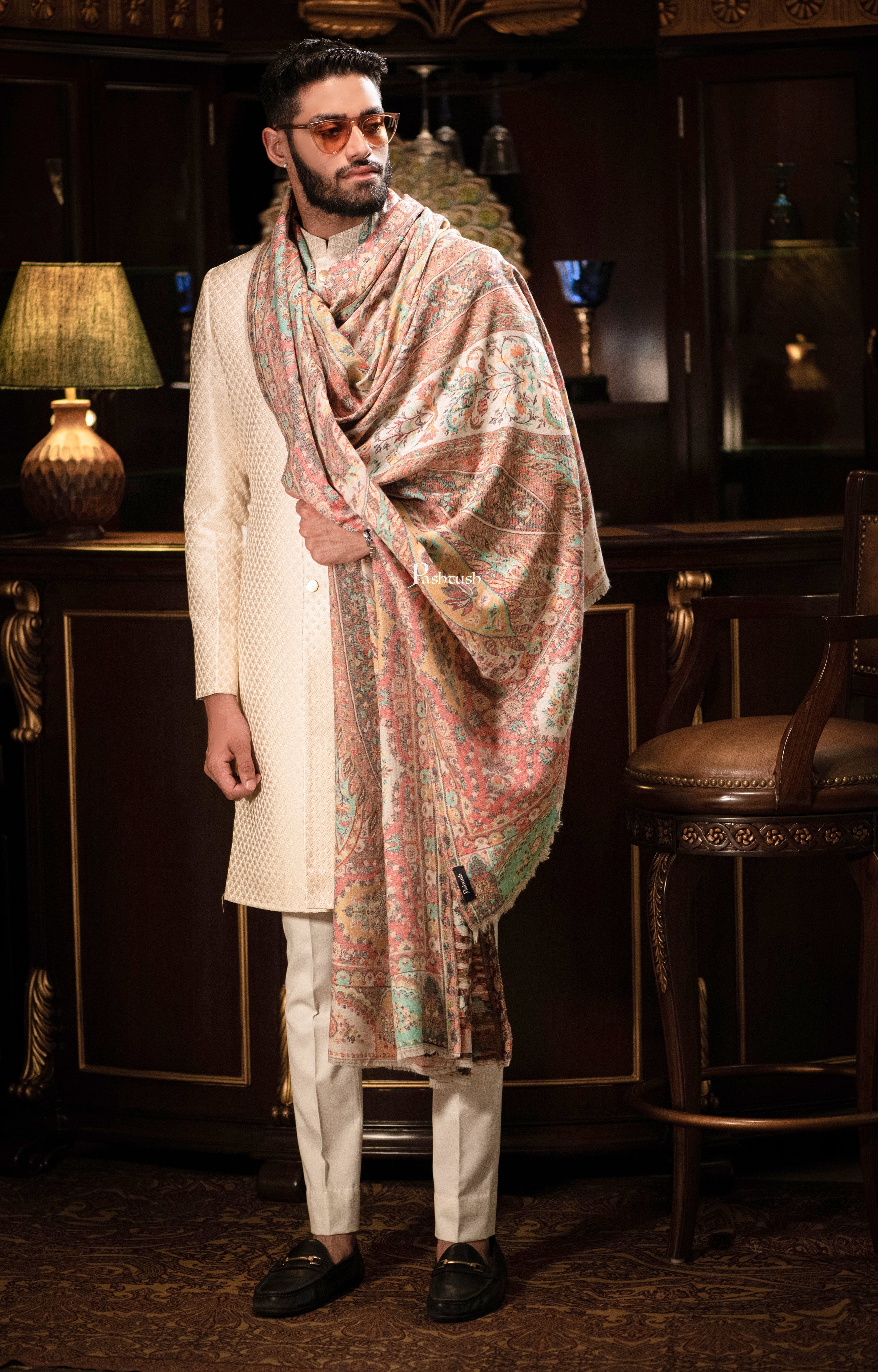 Pashtush men Extra Fine Wool shawl, Antique Weave, Ethnic Jamawar design, Ivory - Image 4
