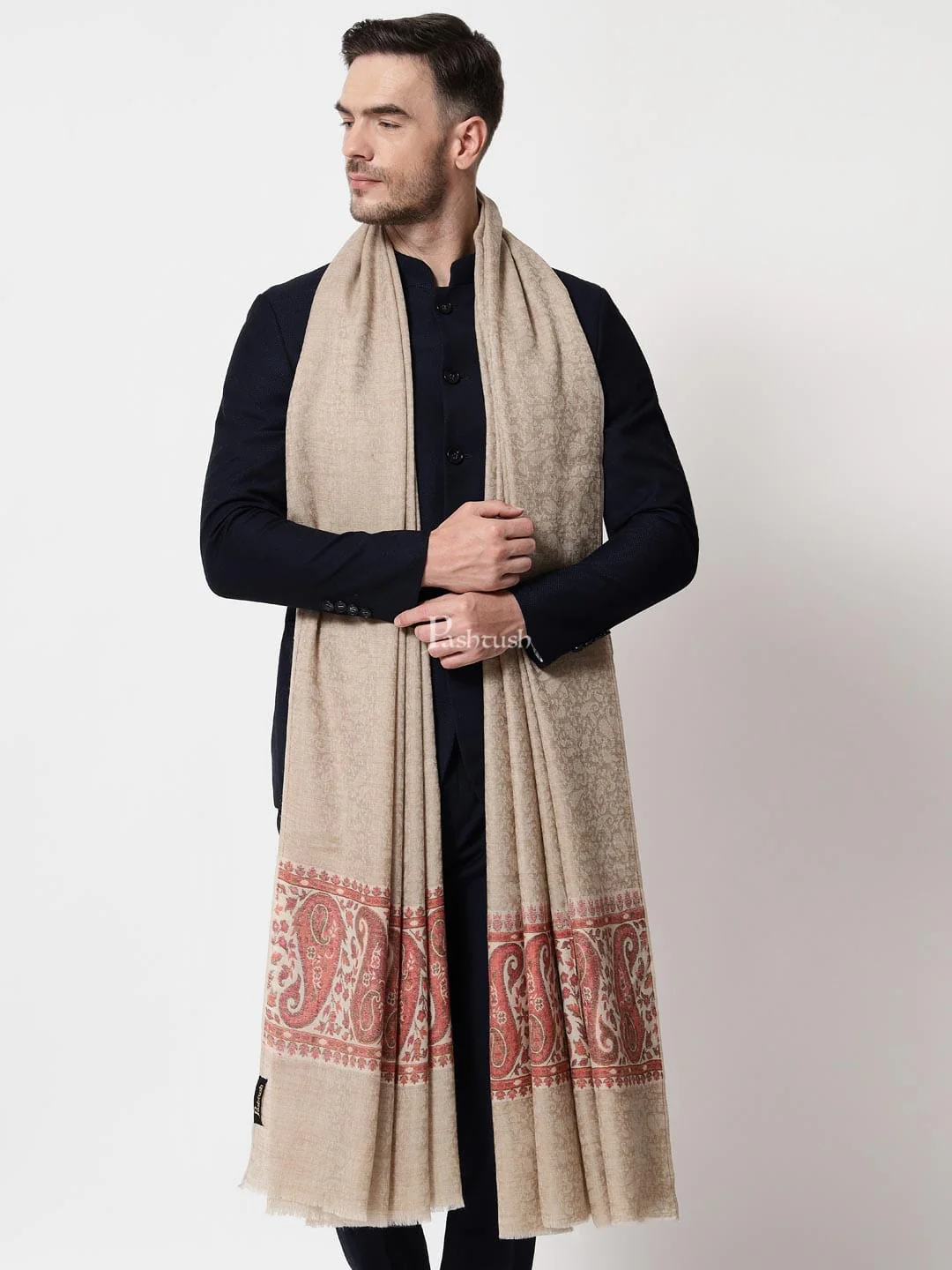 Pashtush men Extra Fine Wool shawl, Ethnic Palla design, Beige - Image 2