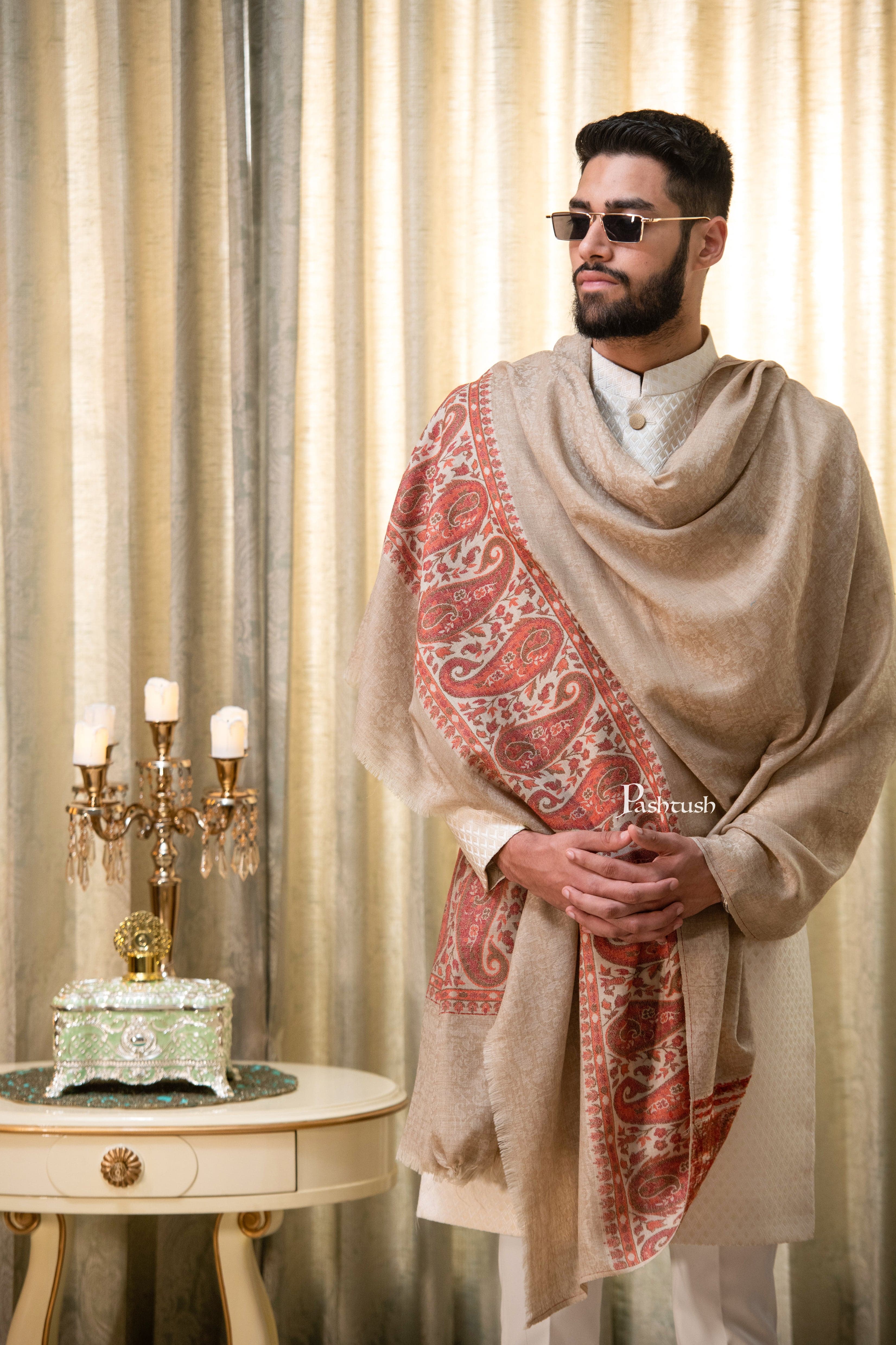 Pashtush men Extra Fine Wool shawl, Ethnic Palla design,light Beige - Image 3