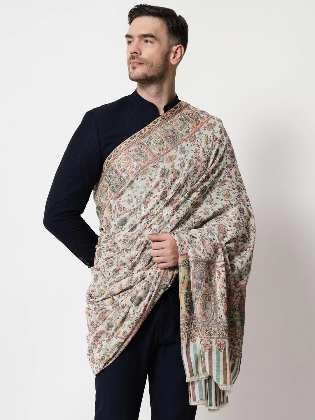 Pashtush men Extra Fine Wool shawl, Ethnic Weave, Full Size, Ivory - Image 3