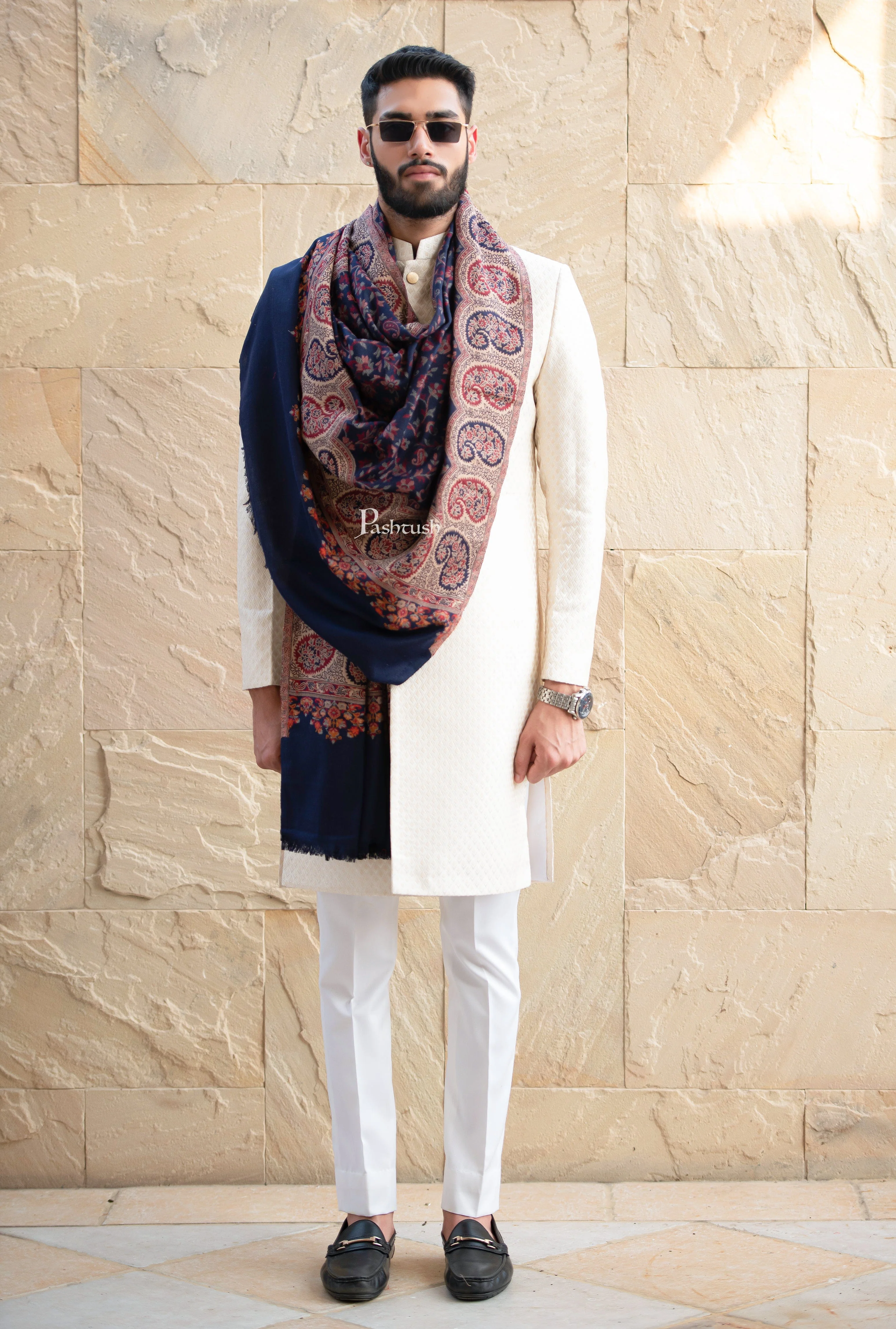 Pashtush men Faux Pashmina stole, Ethnic design, Blue - Image 4