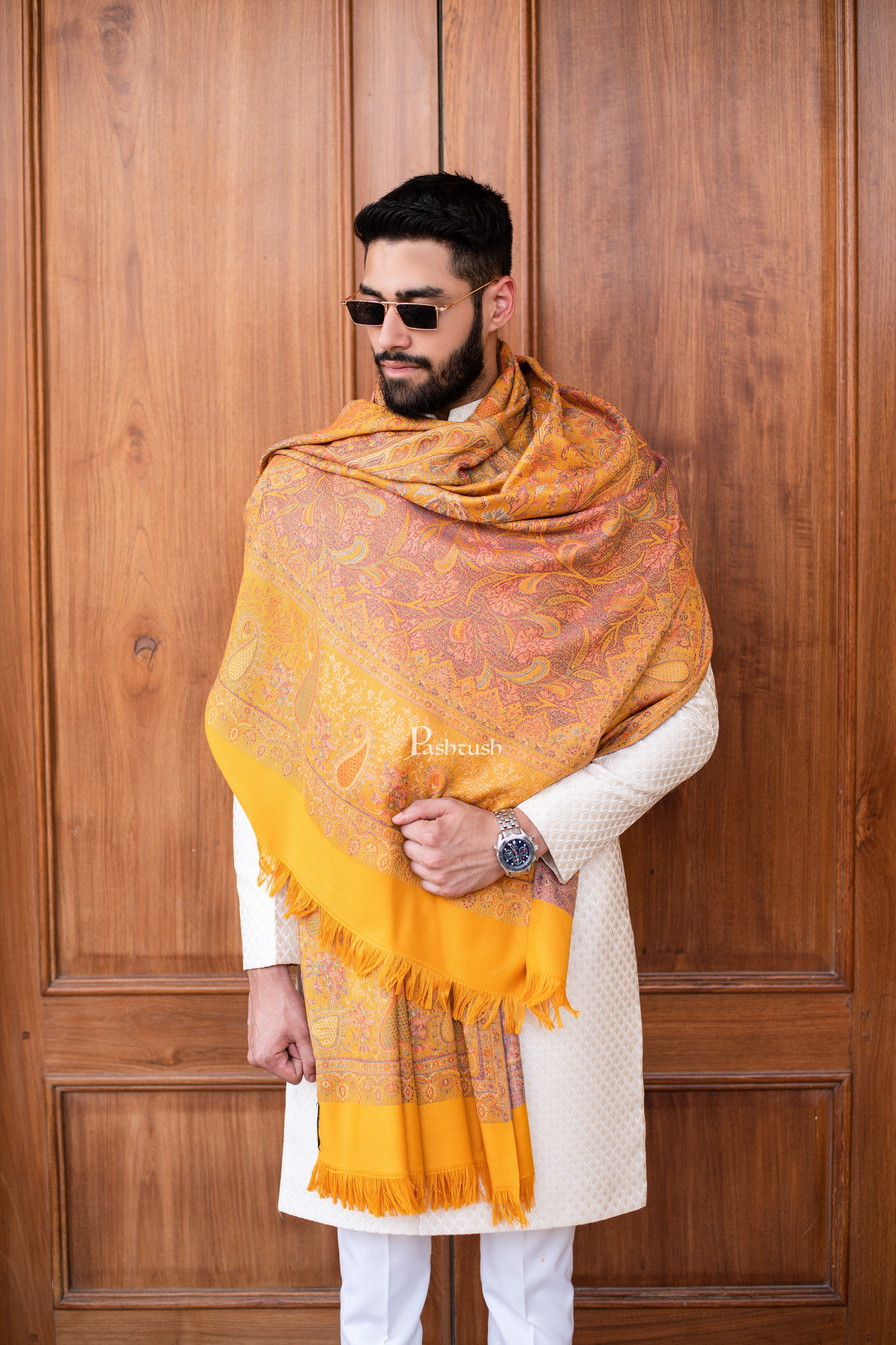Pashtush Men Faux Pashmina  Stole , Ethnic design, Mustard - Image 4