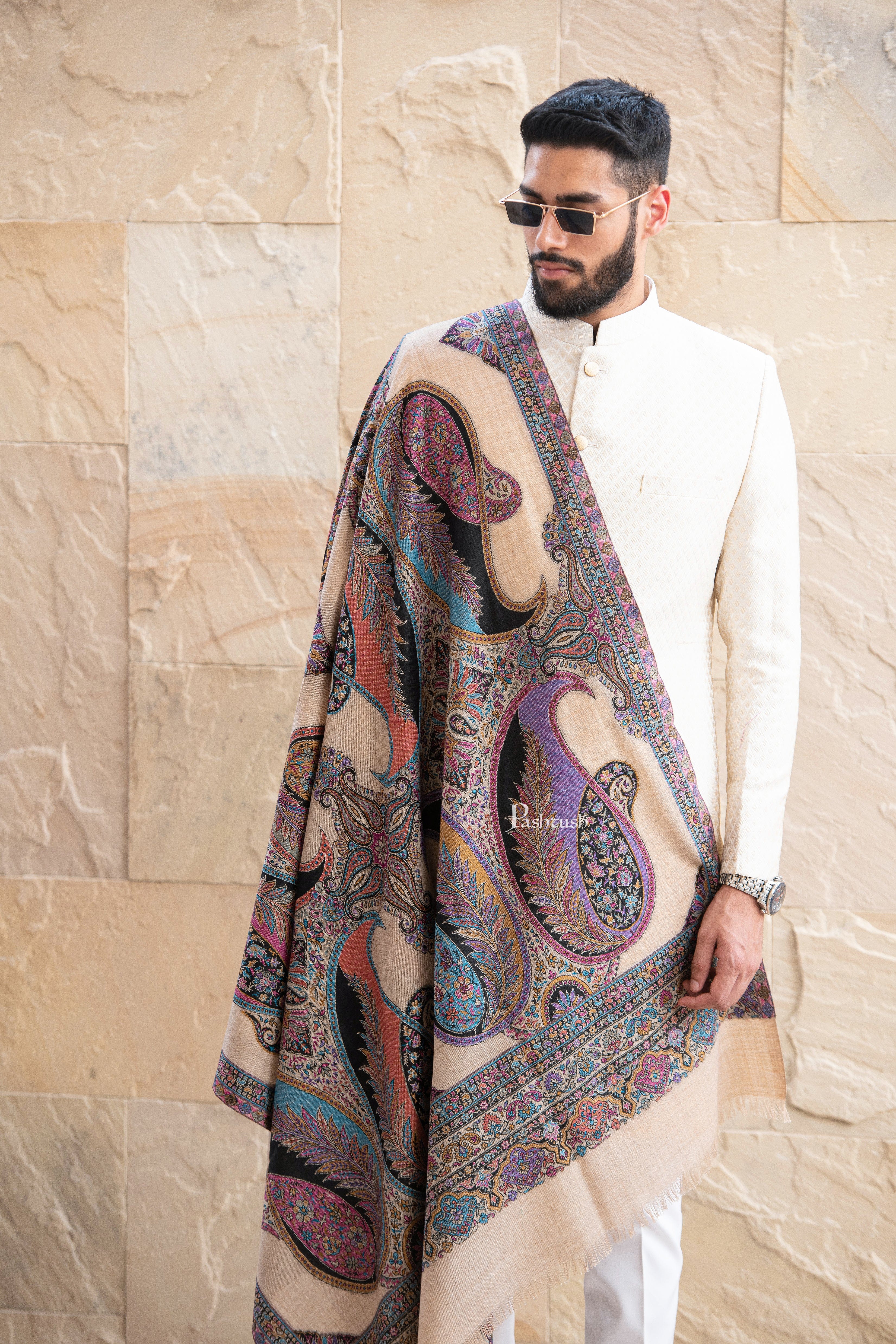 Pashtush men fine wool stole, paisley design - Image 3