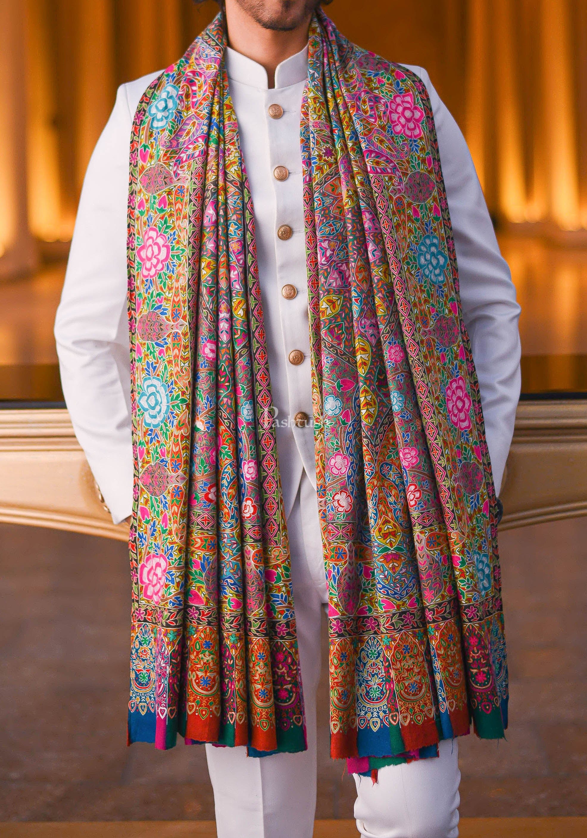 Pashtush Men Pashmina Handmade Kalamkari Shawl, Multicoloured - Image 3