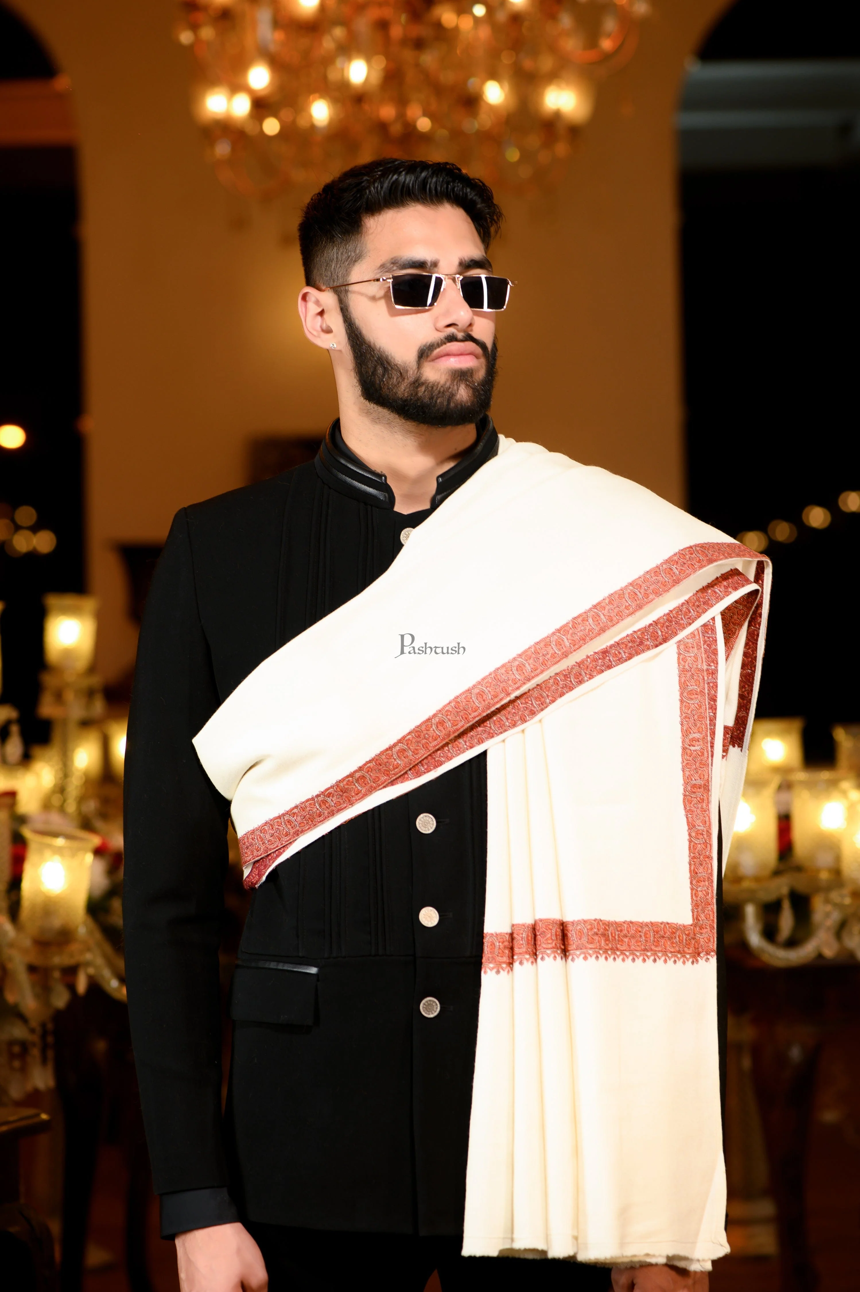 Pashtush Mens 100% Pure Wool with Woolmark Certificate Ethnic Shawl, Mens Lohi, Full Size, Ivory - Image 4