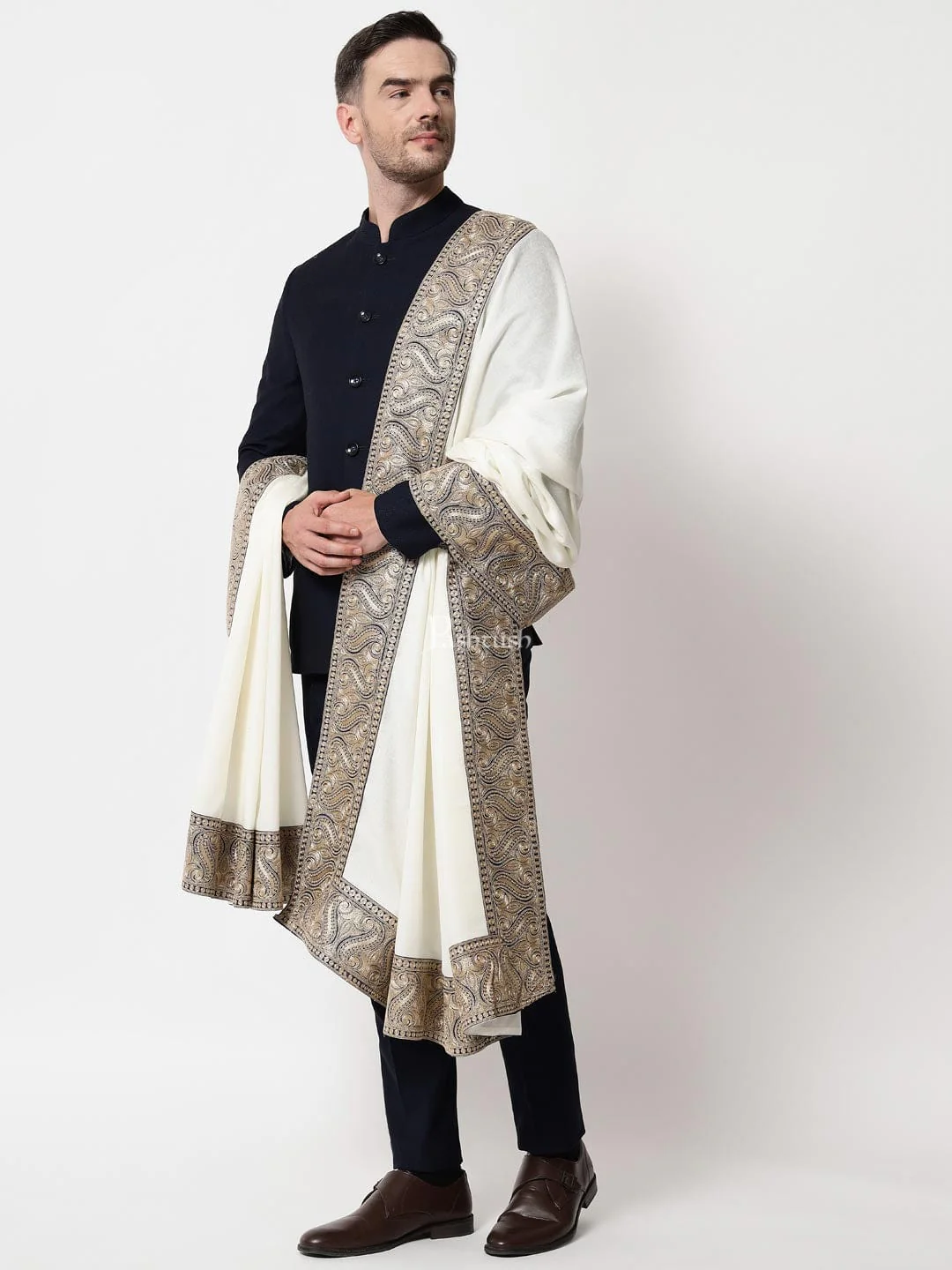 Pashtush mens 100% Pure Wool with Woolmark Certificate self shawl, Metallic Tilla golden border weave design, Ivory - Image 2