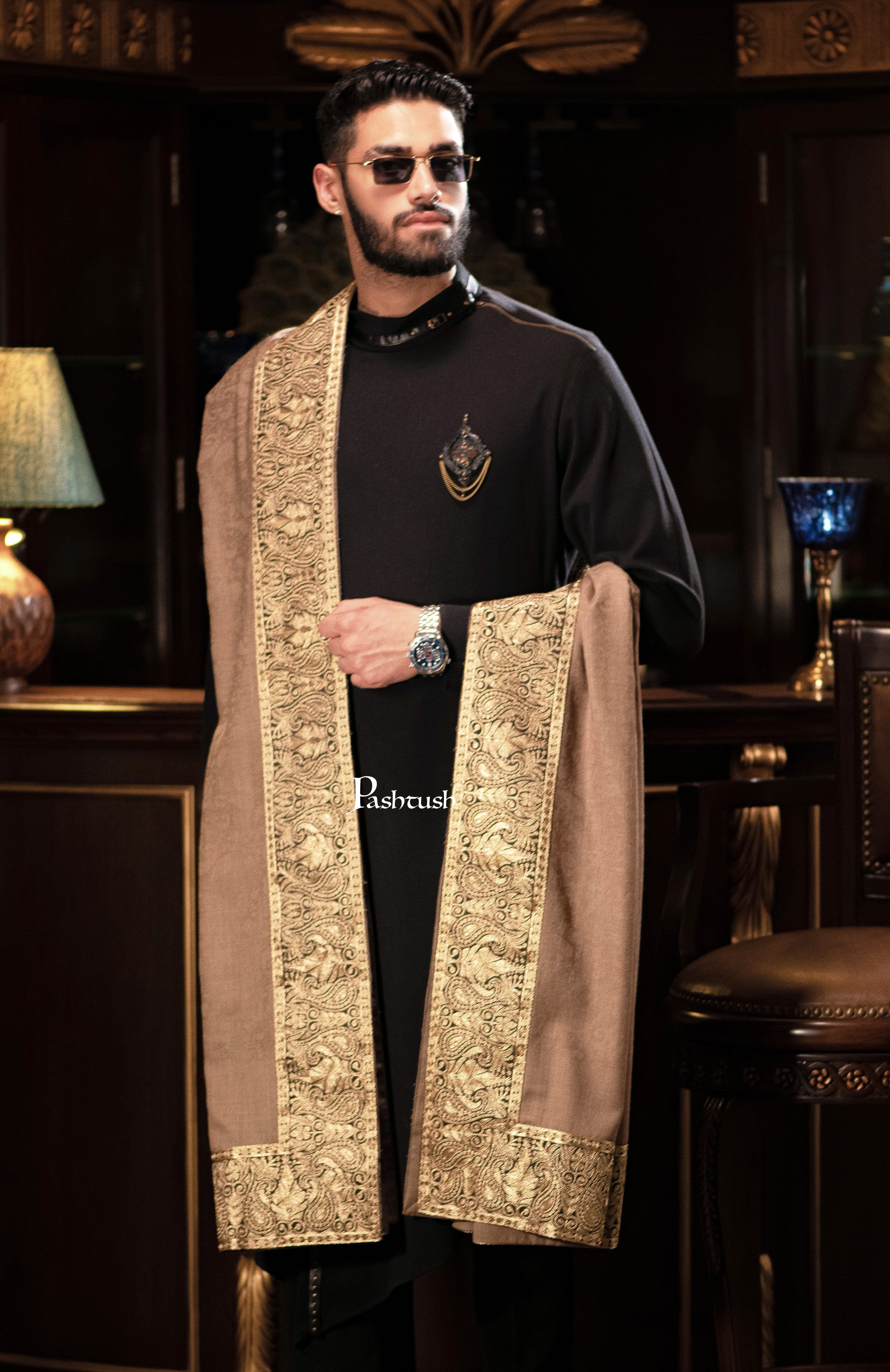Pashtush mens 100% Pure Wool with Woolmark Certificate self shawl, Metallic Tilla golden border weave design, Taupe - Image 6