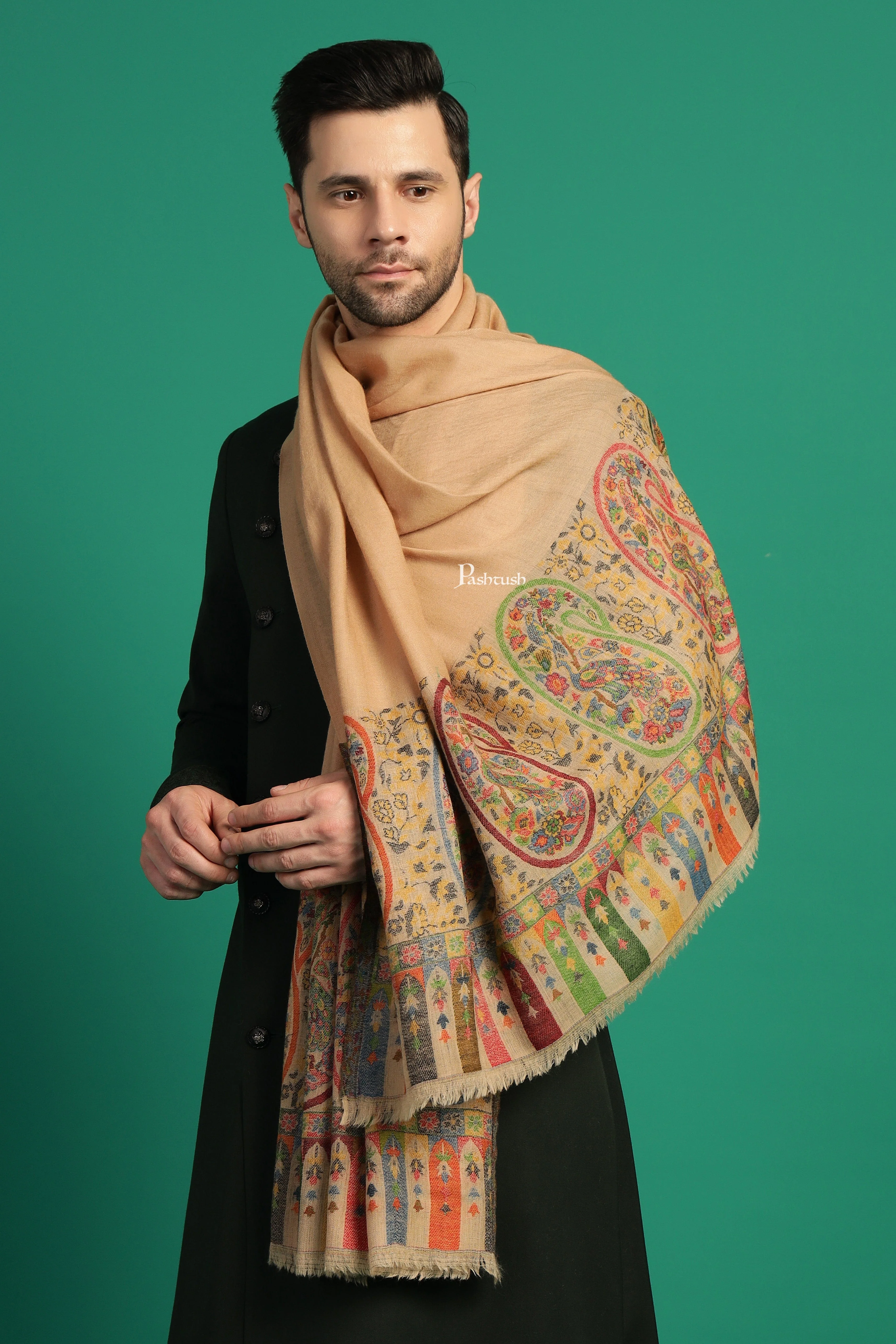 Pashtush Mens 100% Pure Wool With Woolmark Certificate Stole, Ambi Design, Beige - Image 3
